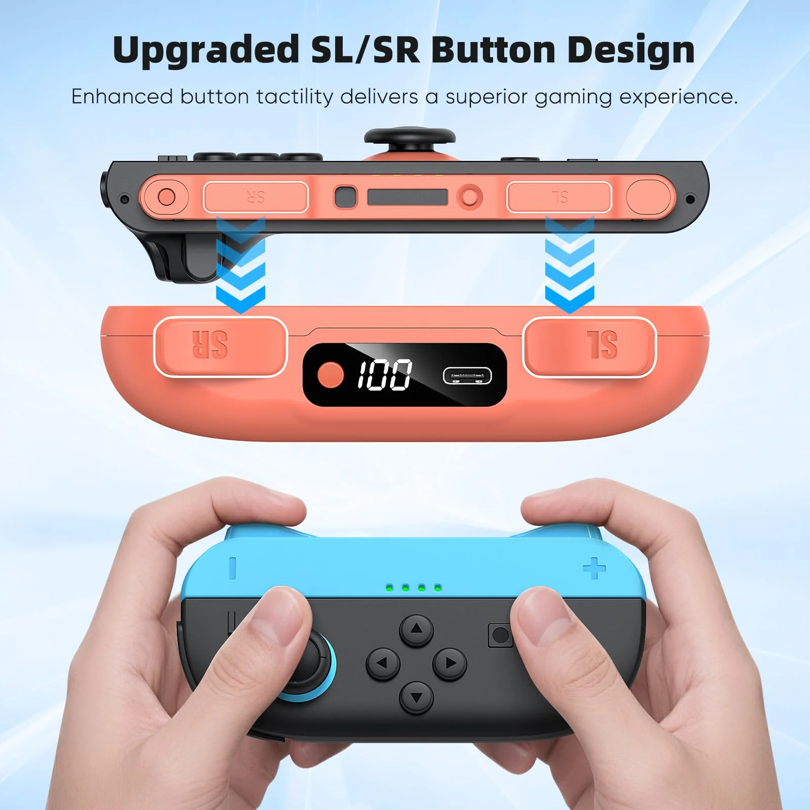 KOVA Switch 2 JoyPad Charging Grip with Built-in 3700 mWH Battery - 3.5H Fast Charging with LED Display, Enlarged SR/SL Buttons, Charging While Playing (Blue & Orange) Blue & Orange - Image 7