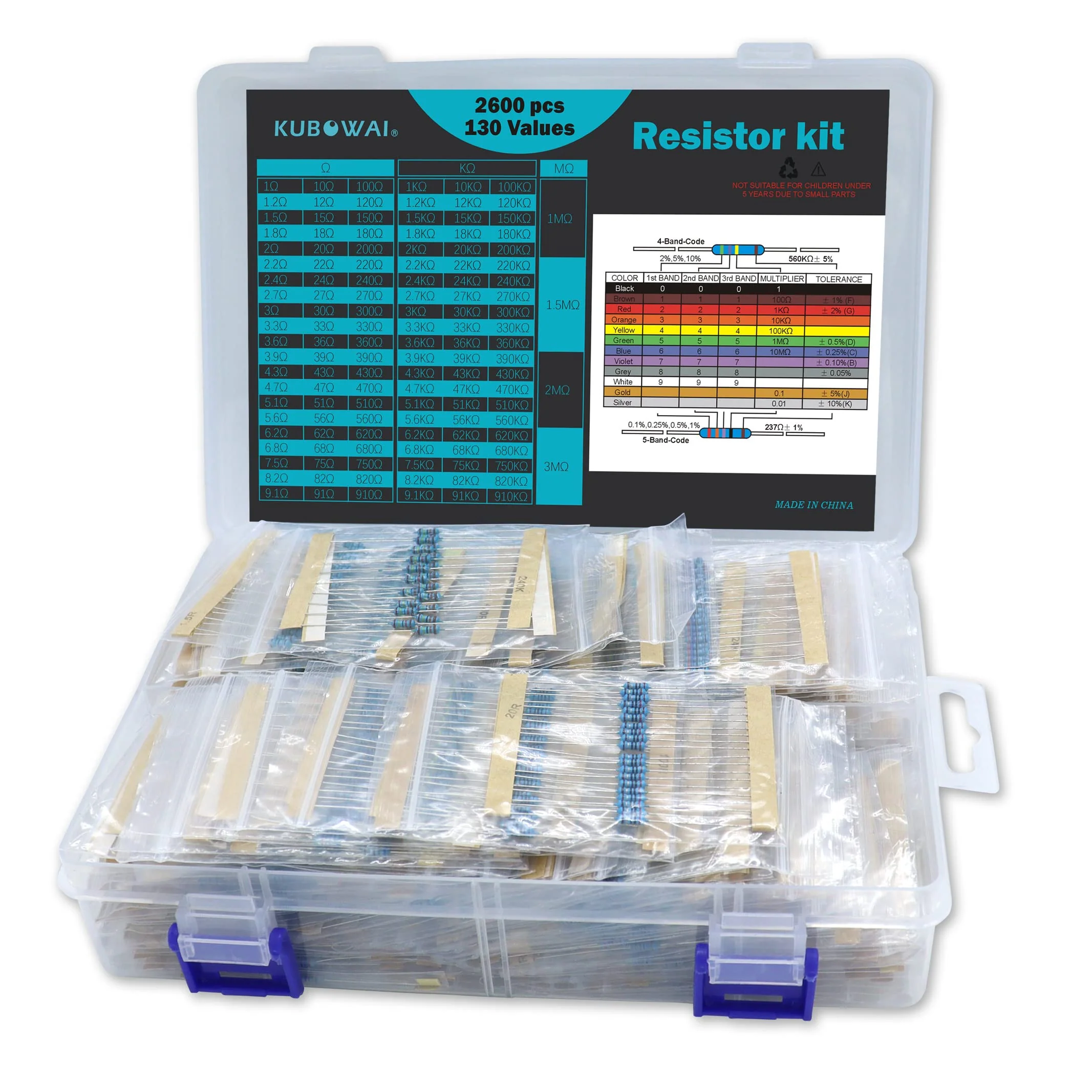 KUBOWAI Resistor Combination Kit, 1 Ohm-3M Ohm, 1/4 Metal Film Resistor Kit (130 Value 2600 Pieces)