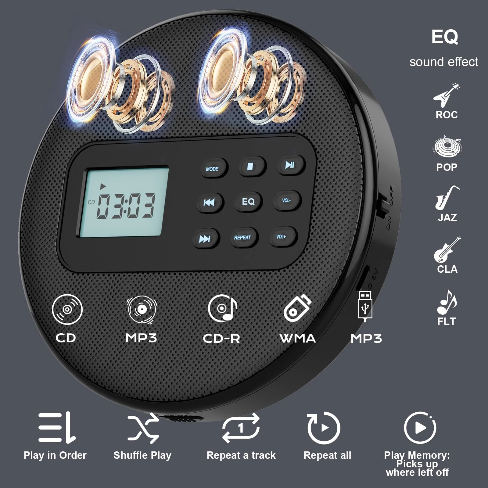KUEPHOM Portable CD Player with Headphones and Built-in Speakers: Rechargeable Discman with Anti-Skip Protection, Small CD/USB/MP3 Player for Personal/Car/Travel/Music/Audiobook Lover/Gift - Image 2