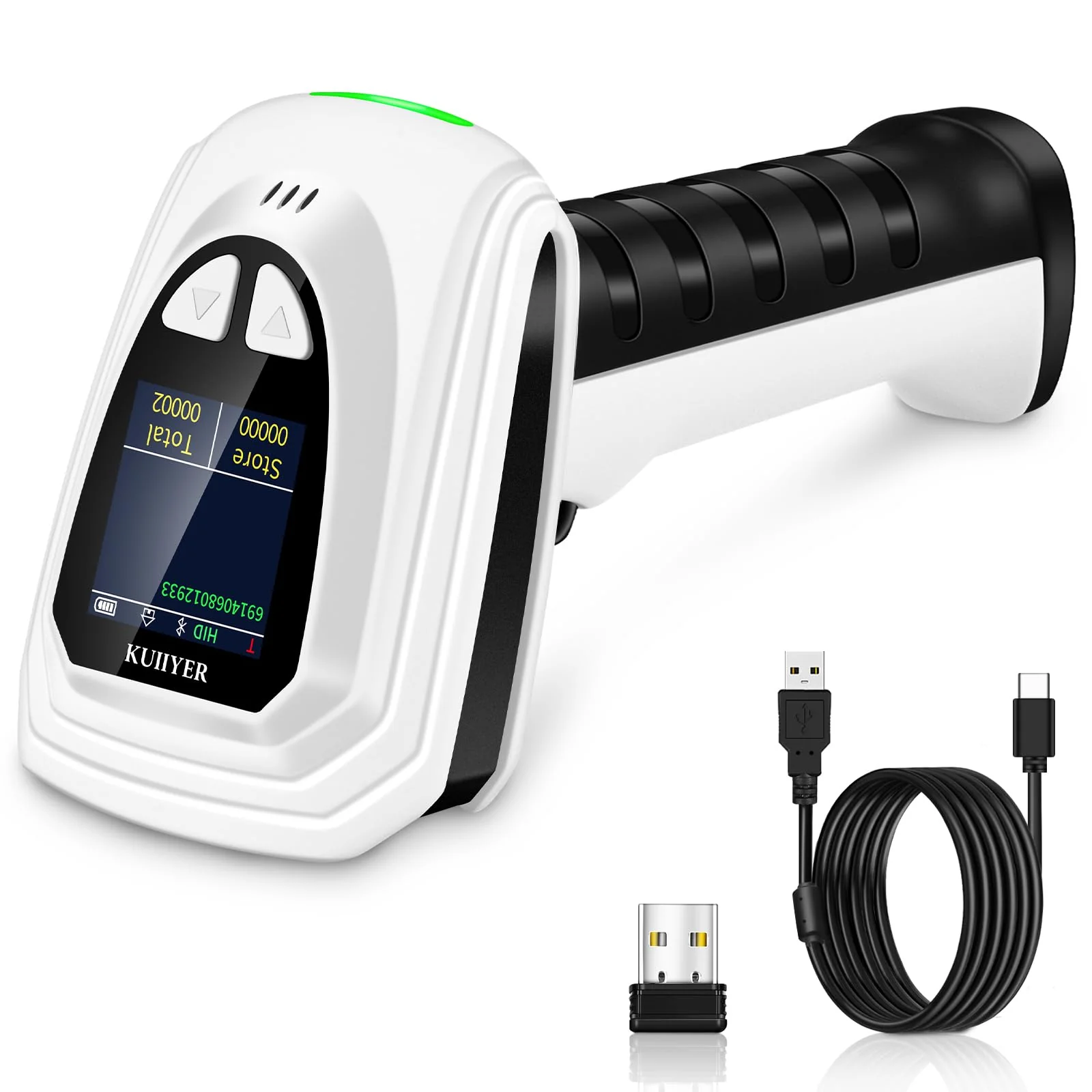KUIIYER 1D QR 2D Barcode Scanner, Bluetooth Wireless Bar Code Scanners with Setting Keypad & LCD Screen Display & AI Voice, Handheld Barcode Reader for iPhone, Android, iPad, Tablet, Computers & POS Bluetooth Barcode Scanner