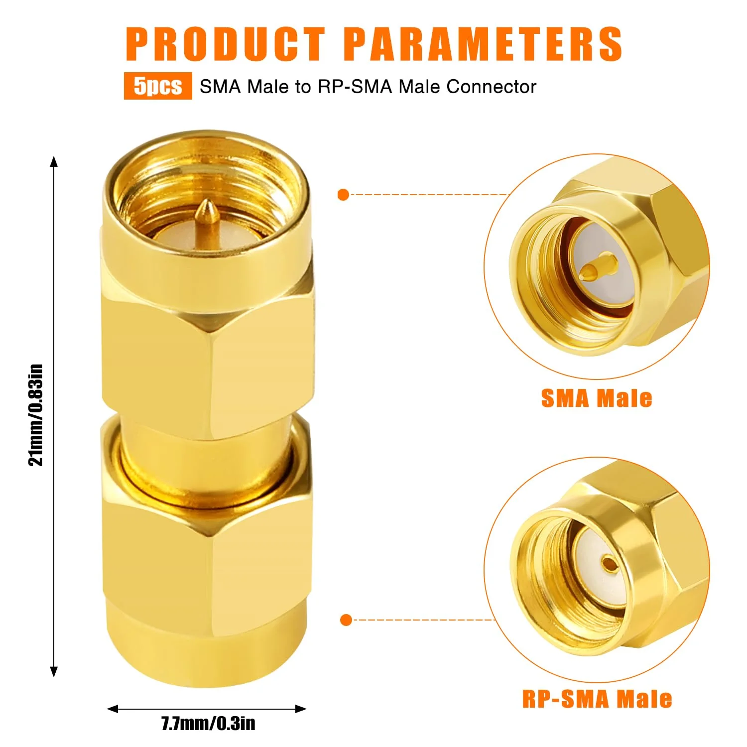 KUOQIY SMA Male to RP-SMA Plug Connector, RF Coaxial Adapter, for 2G 3G 4G LTE Antenna, Router, Pack of 5 SMA Male to RP-SMA Male - Image 2