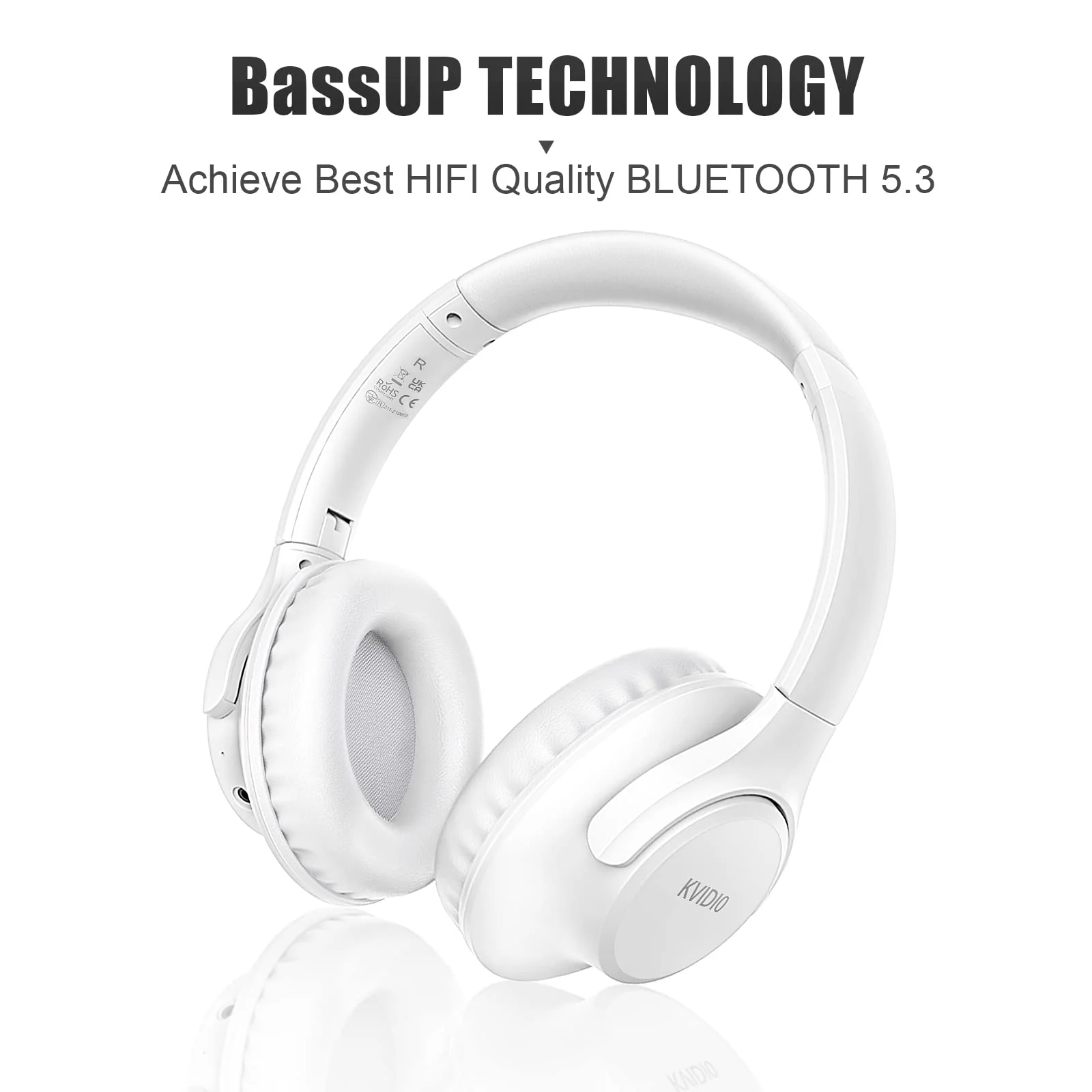 KVIDIO Bluetooth Headphones Over Ear, 65 Hours Playtime Wireless Headphones with Microphone, Foldable Lightweight Headset with Deep Bass, HiFi Stereo Sound Low Latency for Laptop PC Cellphone White - Image 5