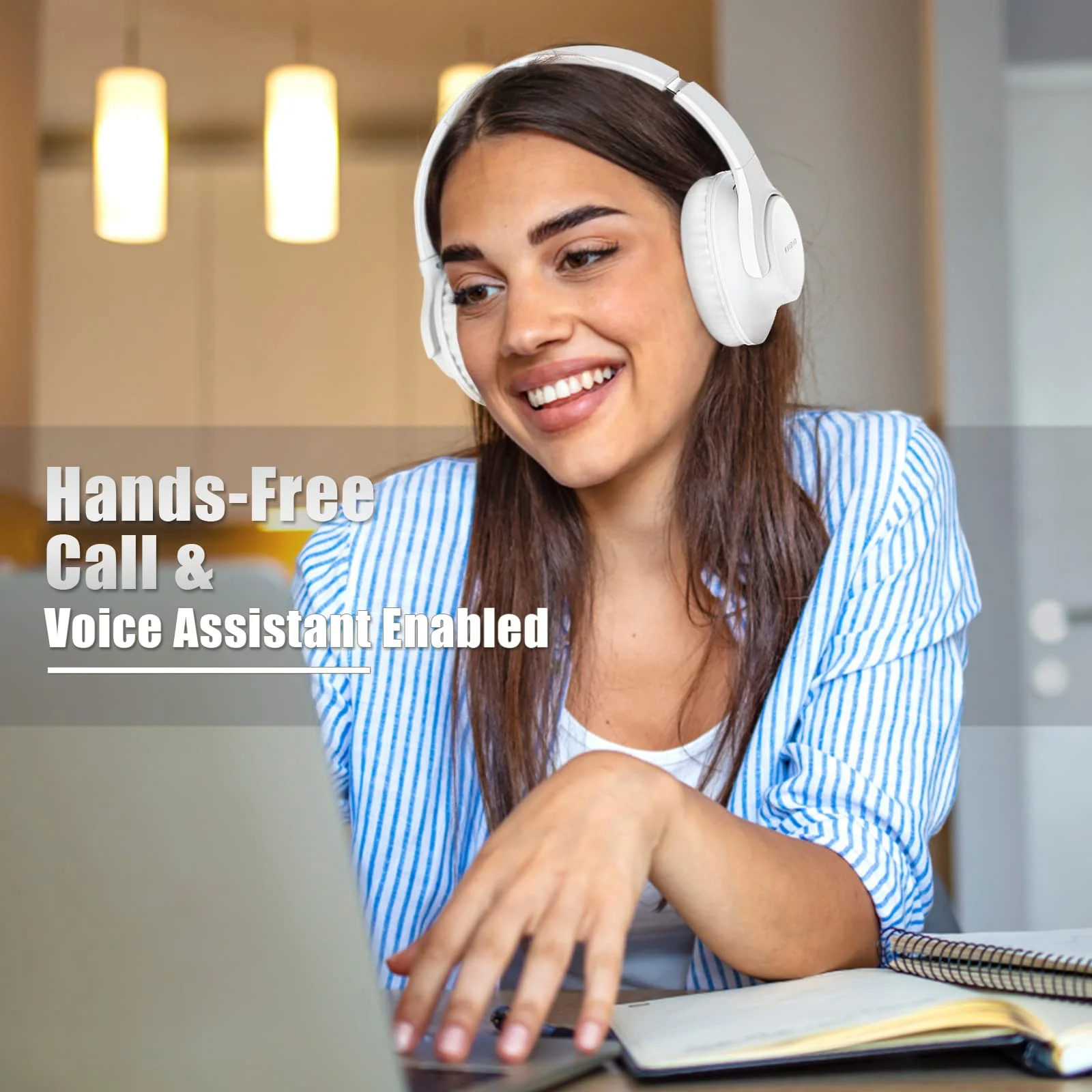 KVIDIO Bluetooth Headphones Over Ear, 65 Hours Playtime Wireless Headphones with Microphone, Foldable Lightweight Headset with Deep Bass, HiFi Stereo Sound Low Latency for Laptop PC Cellphone White - Image 6