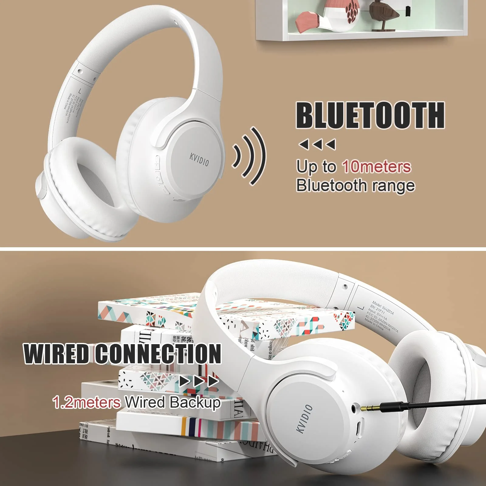 KVIDIO Bluetooth Headphones Over Ear, 65 Hours Playtime Wireless Headphones with Microphone, Foldable Lightweight Headset with Deep Bass, HiFi Stereo Sound Low Latency for Laptop PC Cellphone White - Image 7