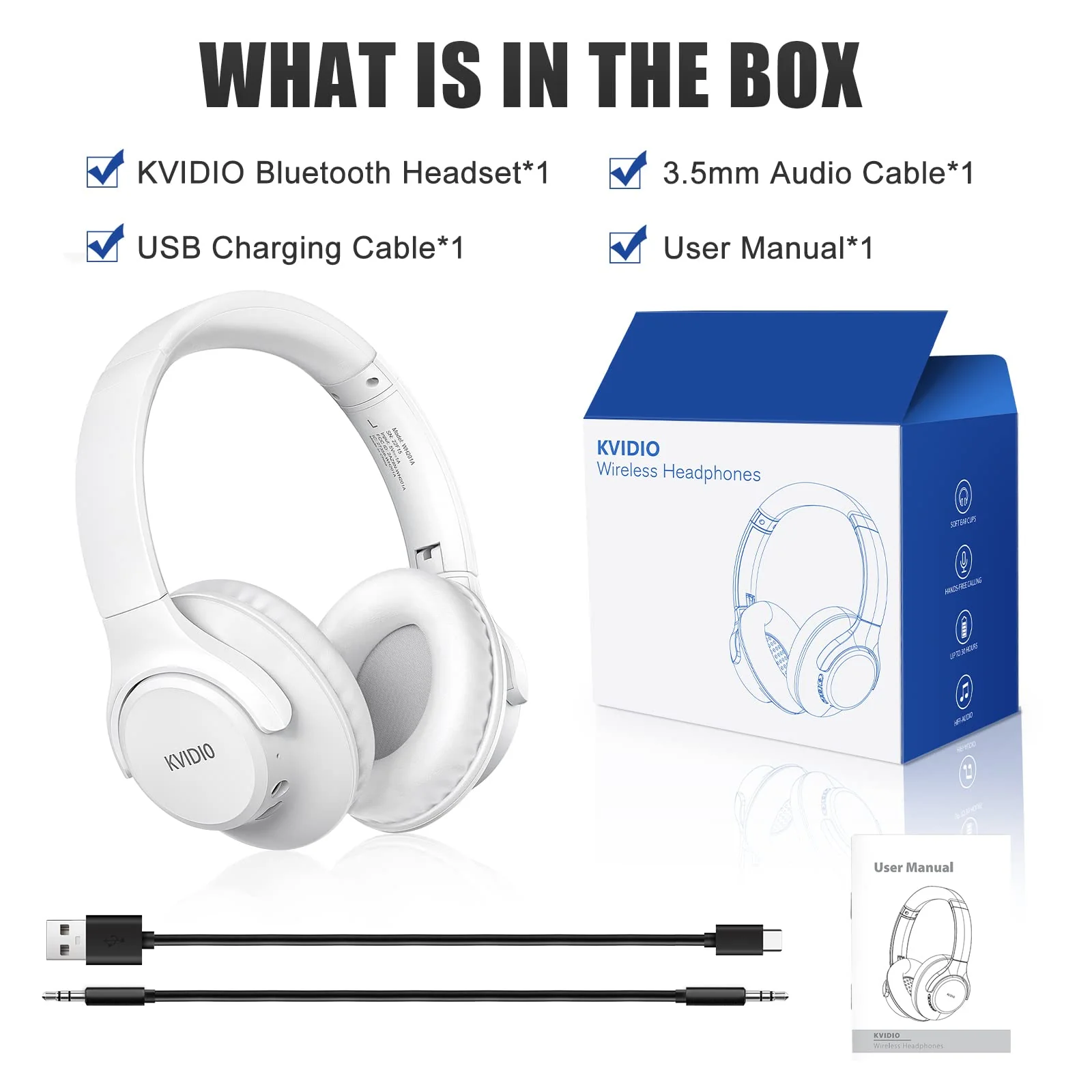 KVIDIO Bluetooth Headphones Over Ear, 65 Hours Playtime Wireless Headphones with Microphone, Foldable Lightweight Headset with Deep Bass, HiFi Stereo Sound Low Latency for Laptop PC Cellphone White - Image 8