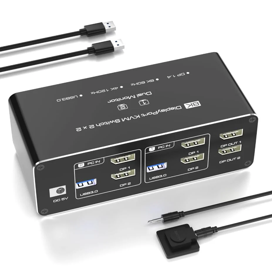 KVM Switch 2 Monitors 2 Computers, 8K@60Hz KVM Switch DisplayPort Extended Display, 4K@120Hz, KVM Switches for 2 Computers Sharing 2 Monitor, 4 USB 3.0 Devices Such as Keyboard, Printer, Scanner,Mouse Dual DP 2 Monitor