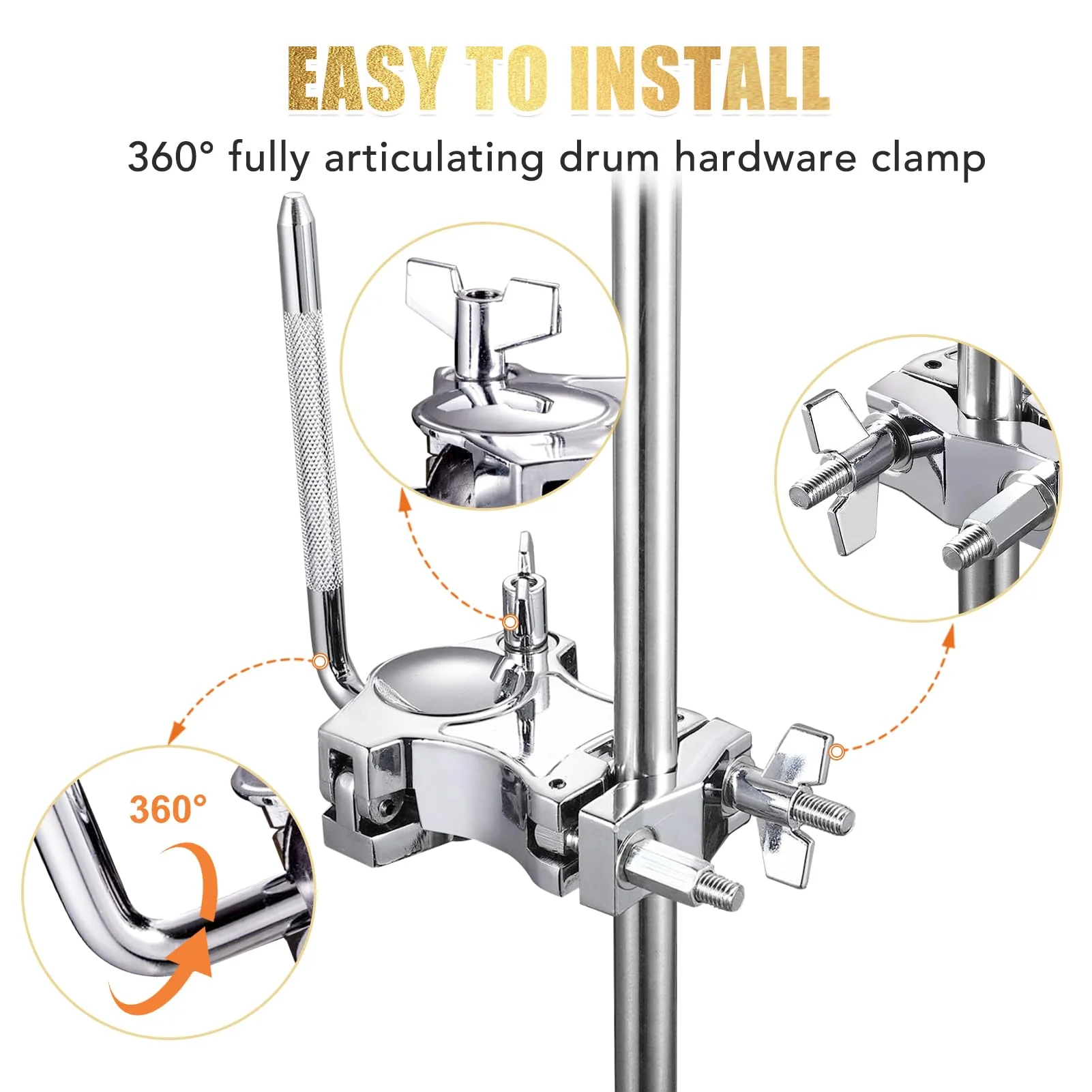 L-Rod Cowbells Cymbal Clamp, Heavy-Duty Cowbell Mount Percussion Holder Extension Arm Clip, 360°Rotation Universal Mount for Cowbells, Jam Blocks & Handheld Percussion Instrument Accessories L-Rod Clamp - Image 6
