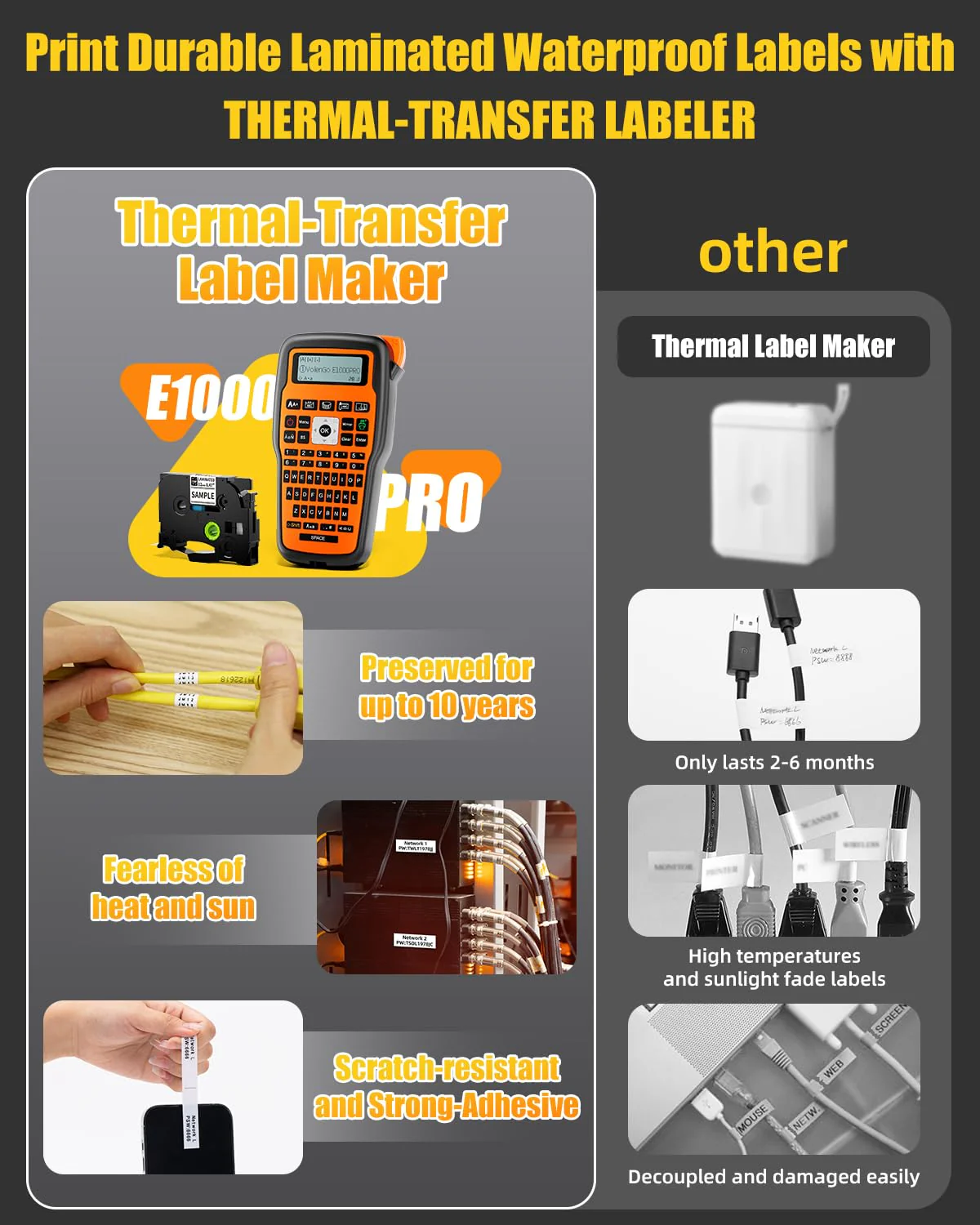 Label Maker Machine with-Tape, Heat Shrink Label Maker Waterproof-Labels, Wire Cable label Maker, E1000 Labeler Machine with-Tape 12mm Laminated Handheld Labeling Machine for Industrial Office - Image 3