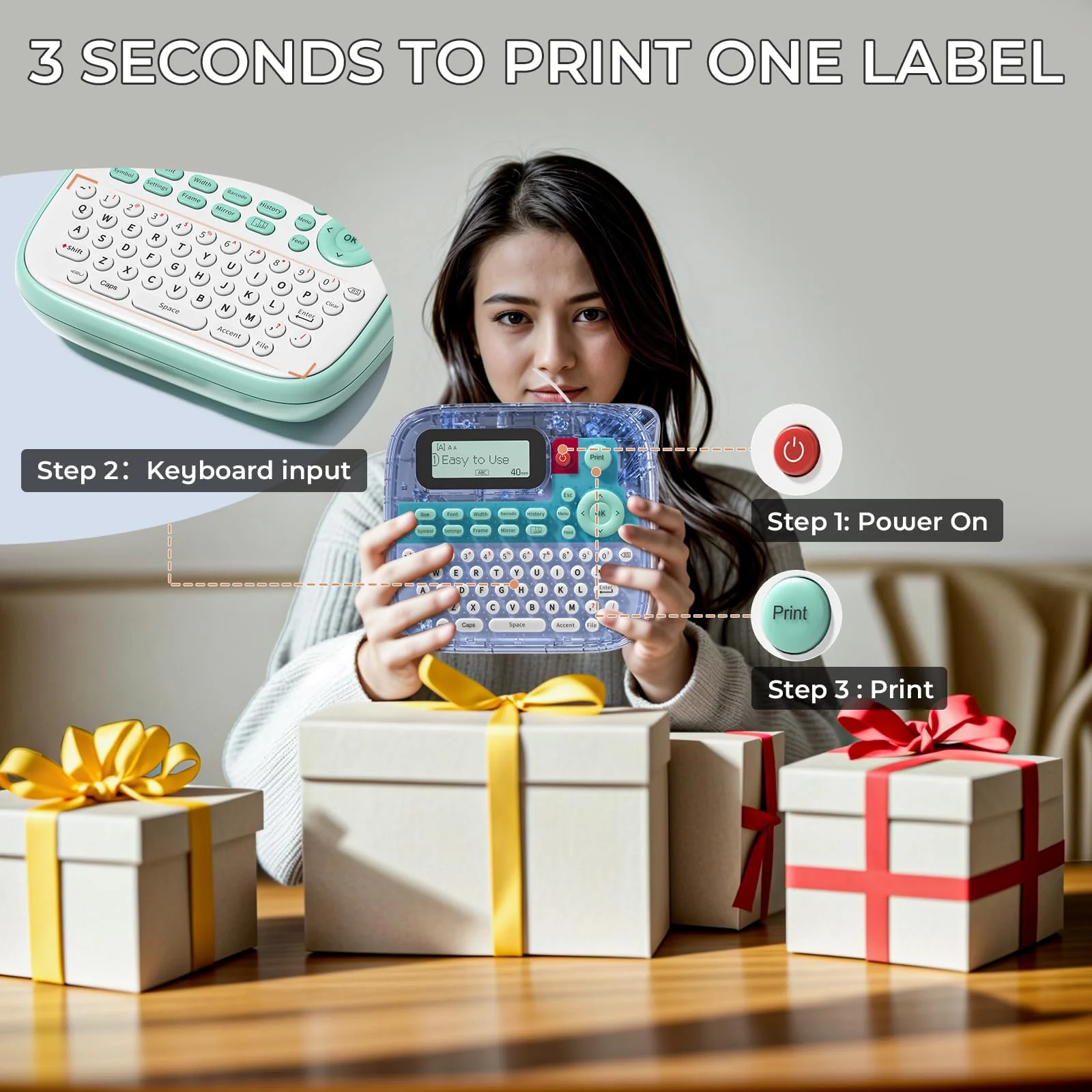 Label Maker Machine with Tapes, D210S Label Maker with Keyboard, Handheld Labeler Machine with-Tape 12mm 0.47 Laminated White, Multiple Symbols for Home Office School Kids Use Green - Image 4