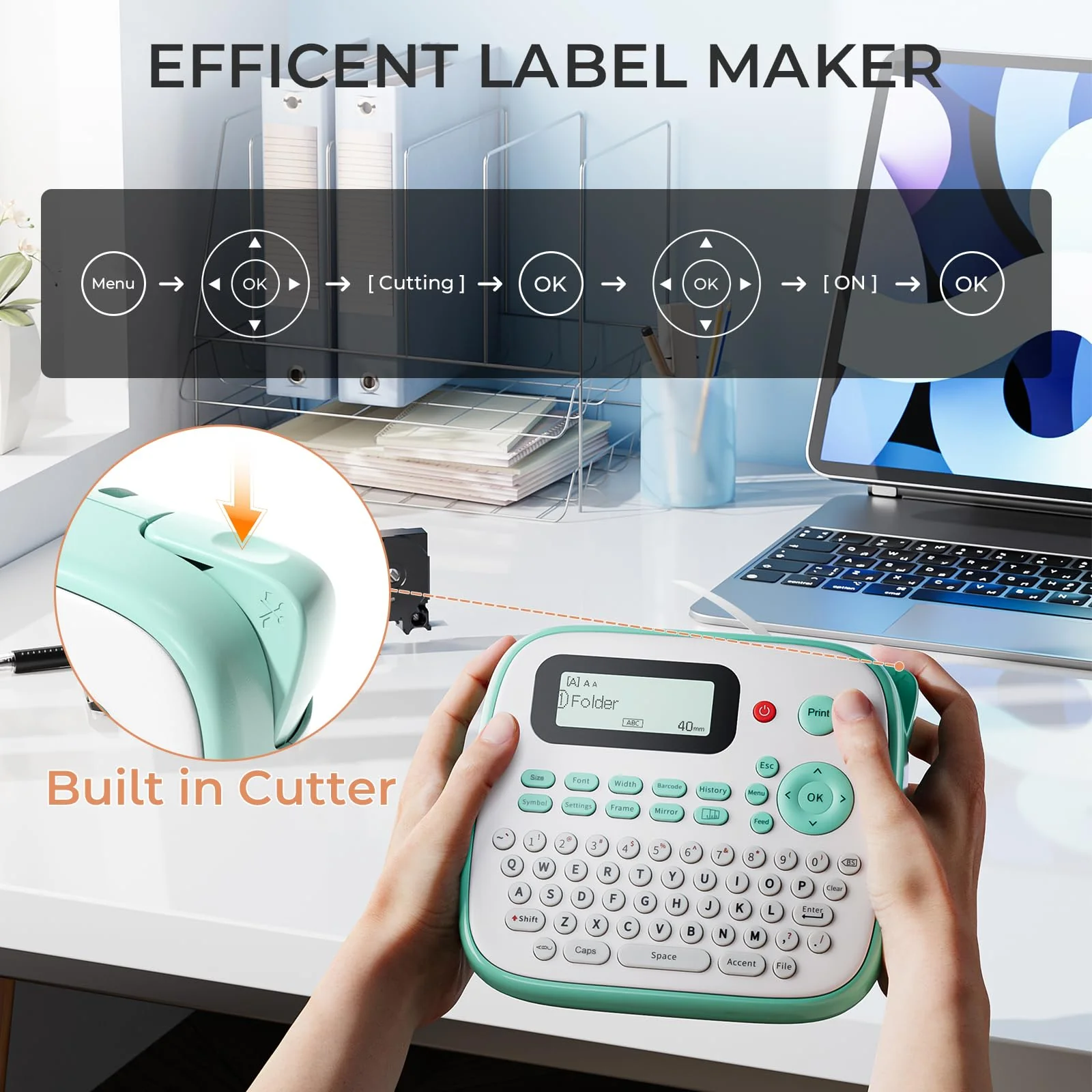Label Maker Machine with Tapes, D210S Label Maker with Keyboard, Handheld Labeler Machine with-Tape 12mm 0.47 Laminated White, Multiple Symbols for Home Office School Kids Use Green - Image 7