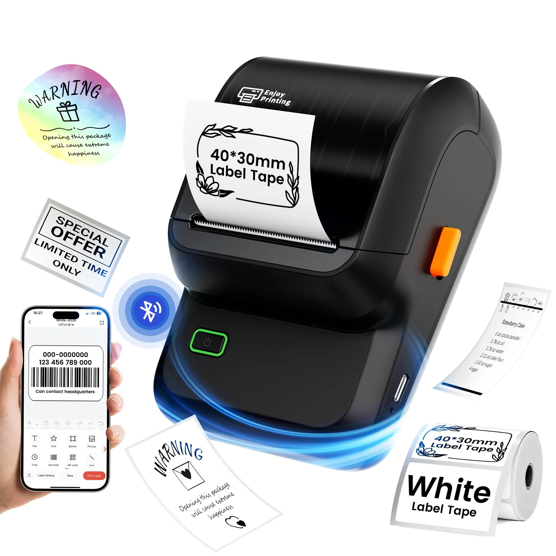 Label Maker, Thermal Label Maker, Barcode Label Printer for Small Business, Bluetooth Label Maker Machine Compatible with Phone & PC, Inkless Portable Label Makers for Address, Logo, Barcode Black