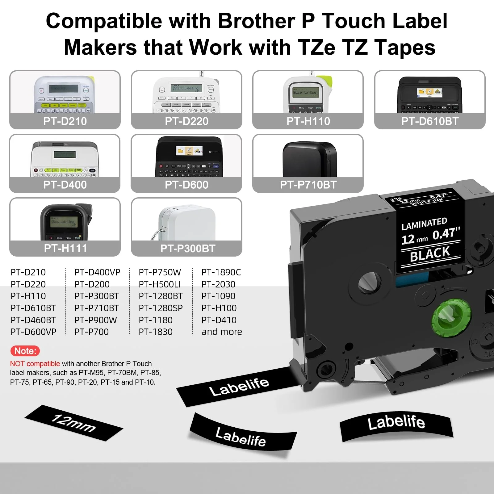 Labelife TZe-335 Label Tape Replacement for Brother P Touch Label Tape White on Black TZe TZ Tape 12mm 0.47 Laminated Black Label Maker Tape TZe335 for Brother PT-D210 PT-D220 PT-H110 Labeler, 4-Pack 12mm 0.47 inch - Image 2