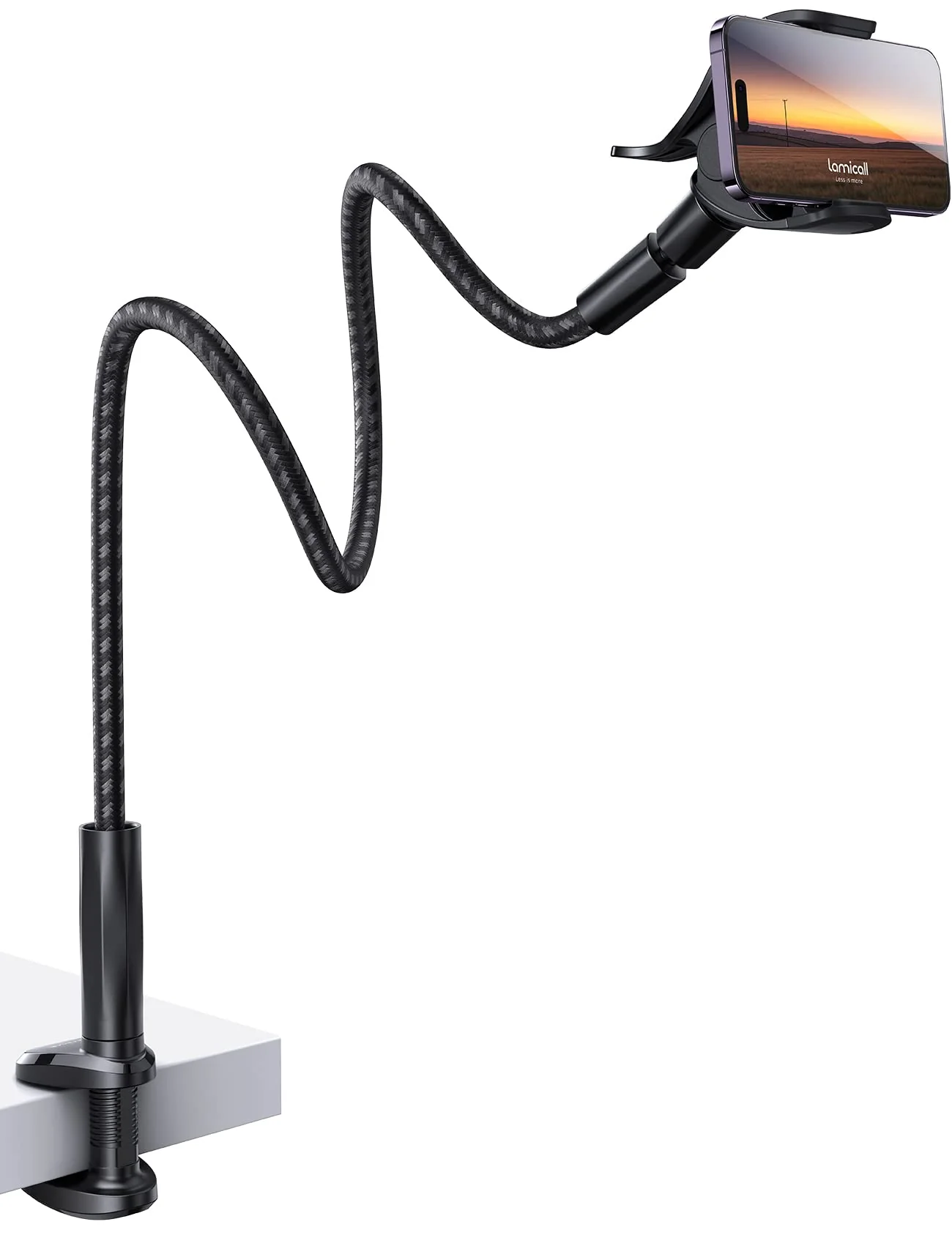Lamicall Gooseneck Phone Holder Bed - [Nylon Braided] Flexible Arm, 38inch Overall Length, 360 Adjustable Clamp Clip, Overhead Cell Phone Mount Stand for Bed, Desk, 4-7” Cellphone Black