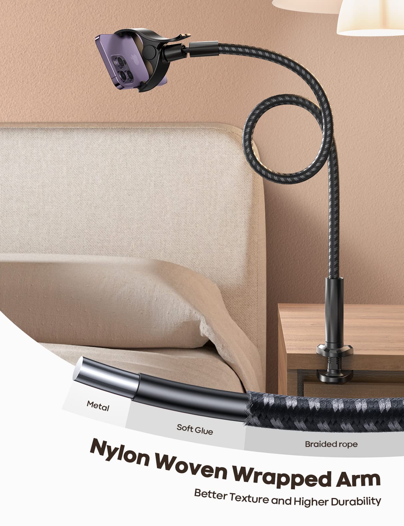 Lamicall Gooseneck Phone Holder Bed - [Nylon Braided] Flexible Arm, 38inch Overall Length, 360 Adjustable Clamp Clip, Overhead Cell Phone Mount Stand for Bed, Desk, 4-7” Cellphone Black - Image 3