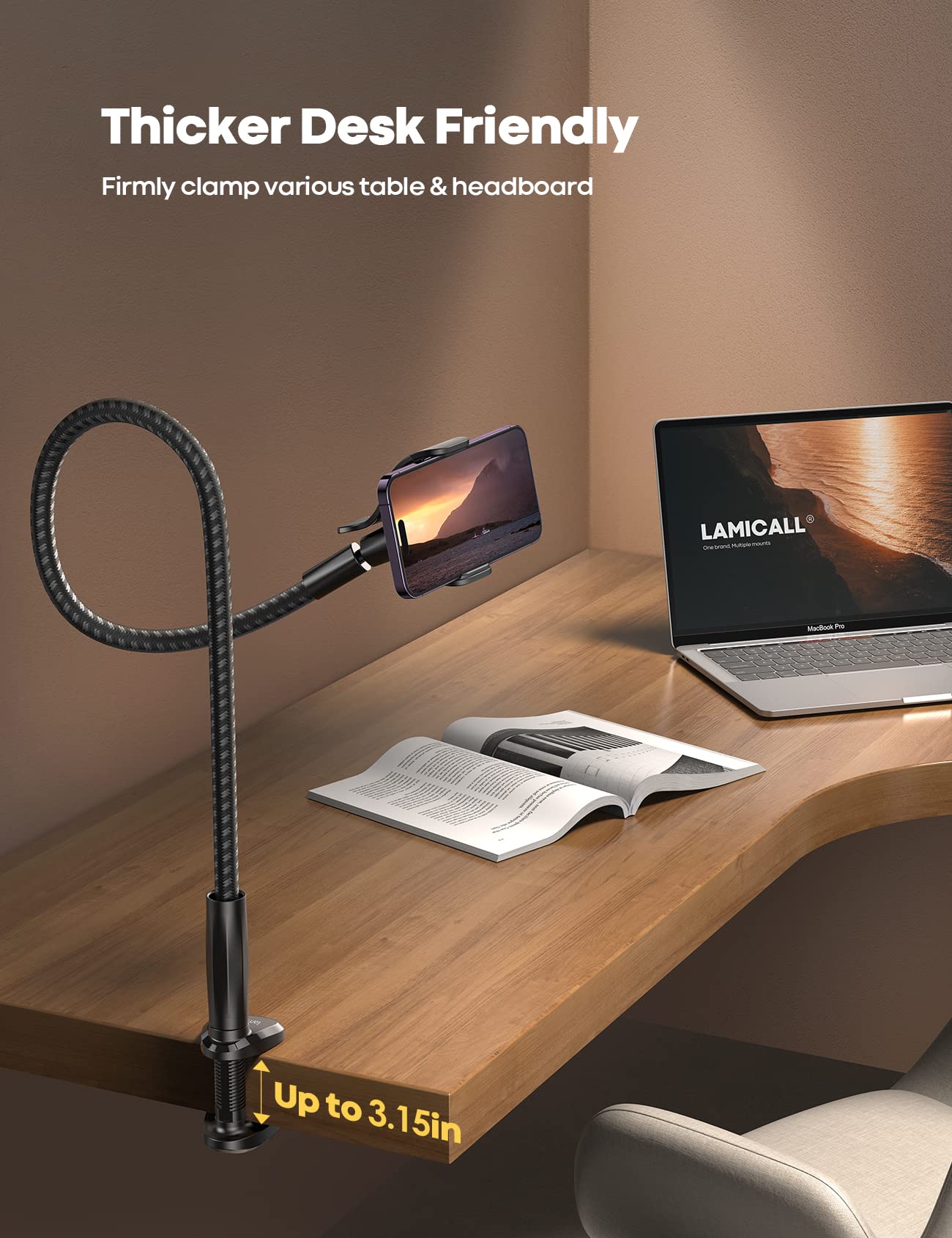 Lamicall Gooseneck Phone Holder Bed - [Nylon Braided] Flexible Arm, 38inch Overall Length, 360 Adjustable Clamp Clip, Overhead Cell Phone Mount Stand for Bed, Desk, 4-7” Cellphone Black - Image 4