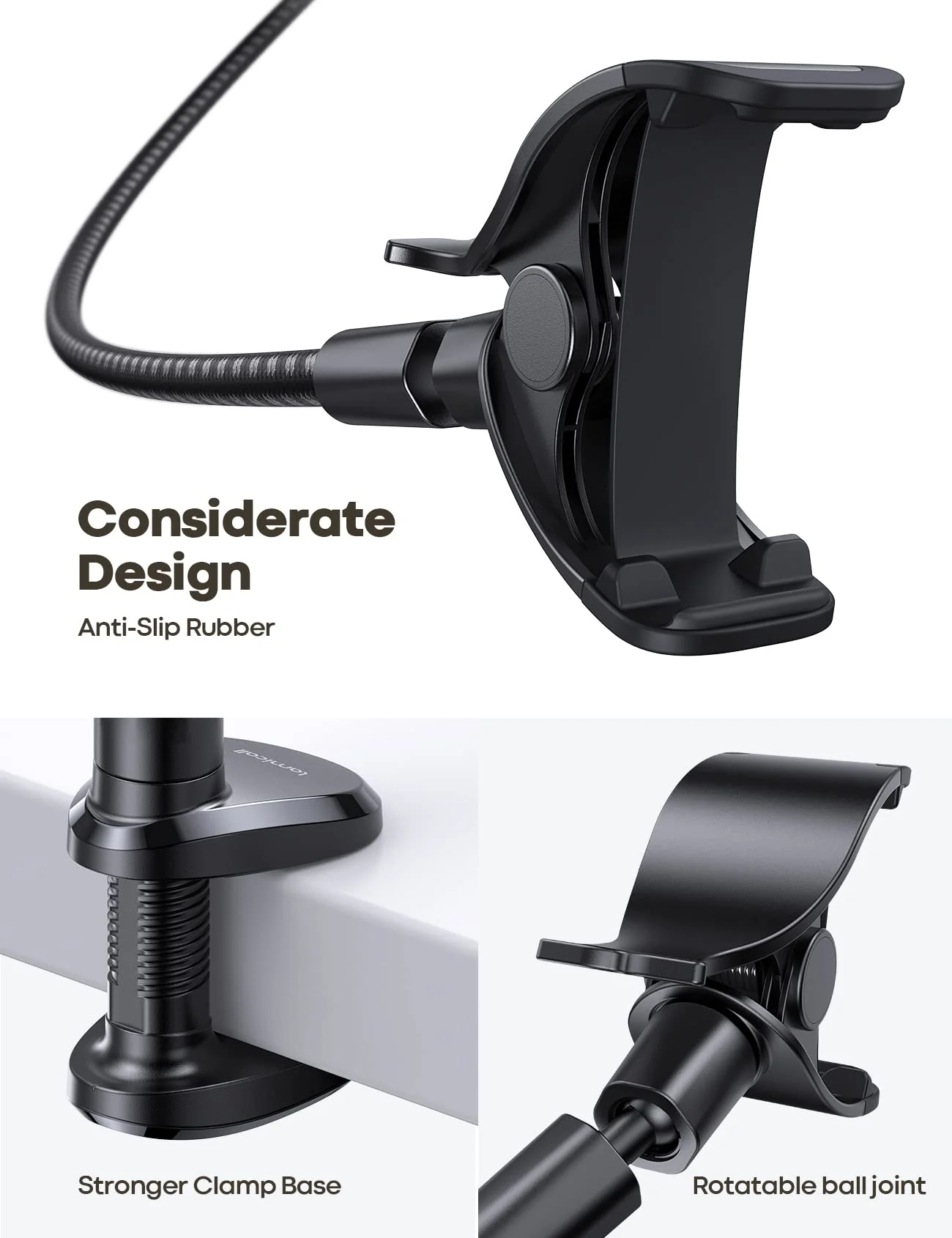 Lamicall Gooseneck Phone Holder Bed - [Nylon Braided] Flexible Arm, 38inch Overall Length, 360 Adjustable Clamp Clip, Overhead Cell Phone Mount Stand for Bed, Desk, 4-7” Cellphone Black - Image 6