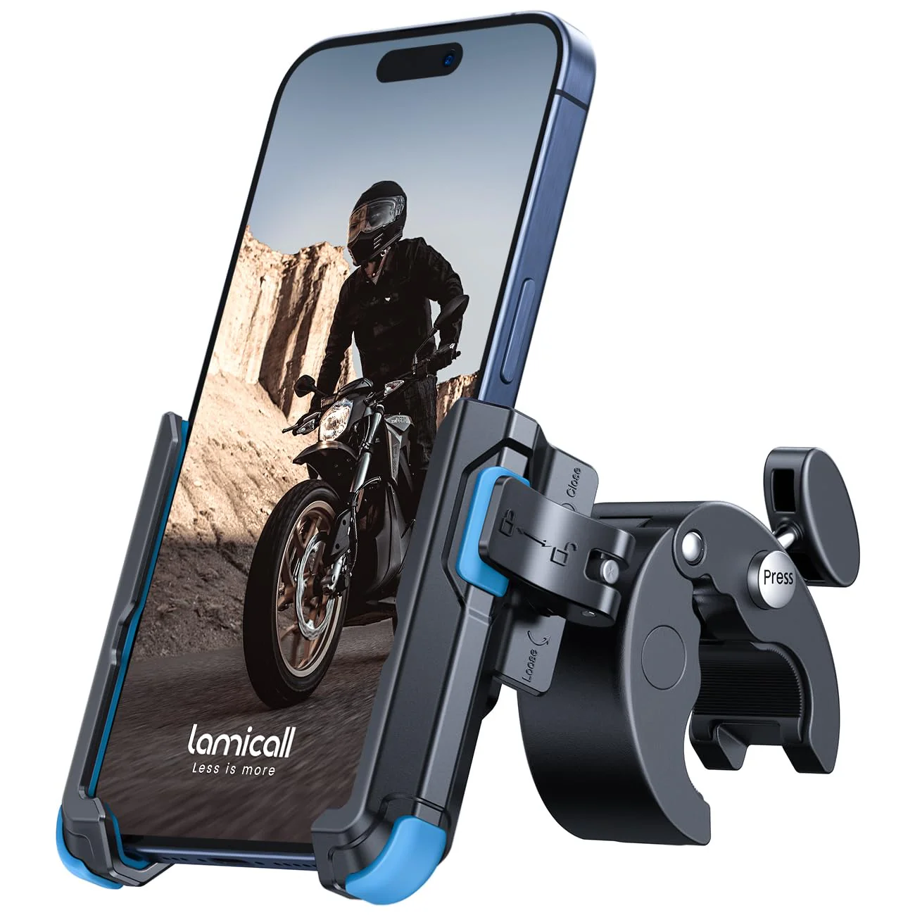 Lamicall Motorcycle Phone Mount Holder - [Camera Friendly] [1s Lock] Bike Phone Holder Handlebar Clamp, Bicycle Scooter Phone Clip, for iPhone Air, 17, 16, 15 Pro Max, Galaxy S25, 4.7-7" Phones, Blue