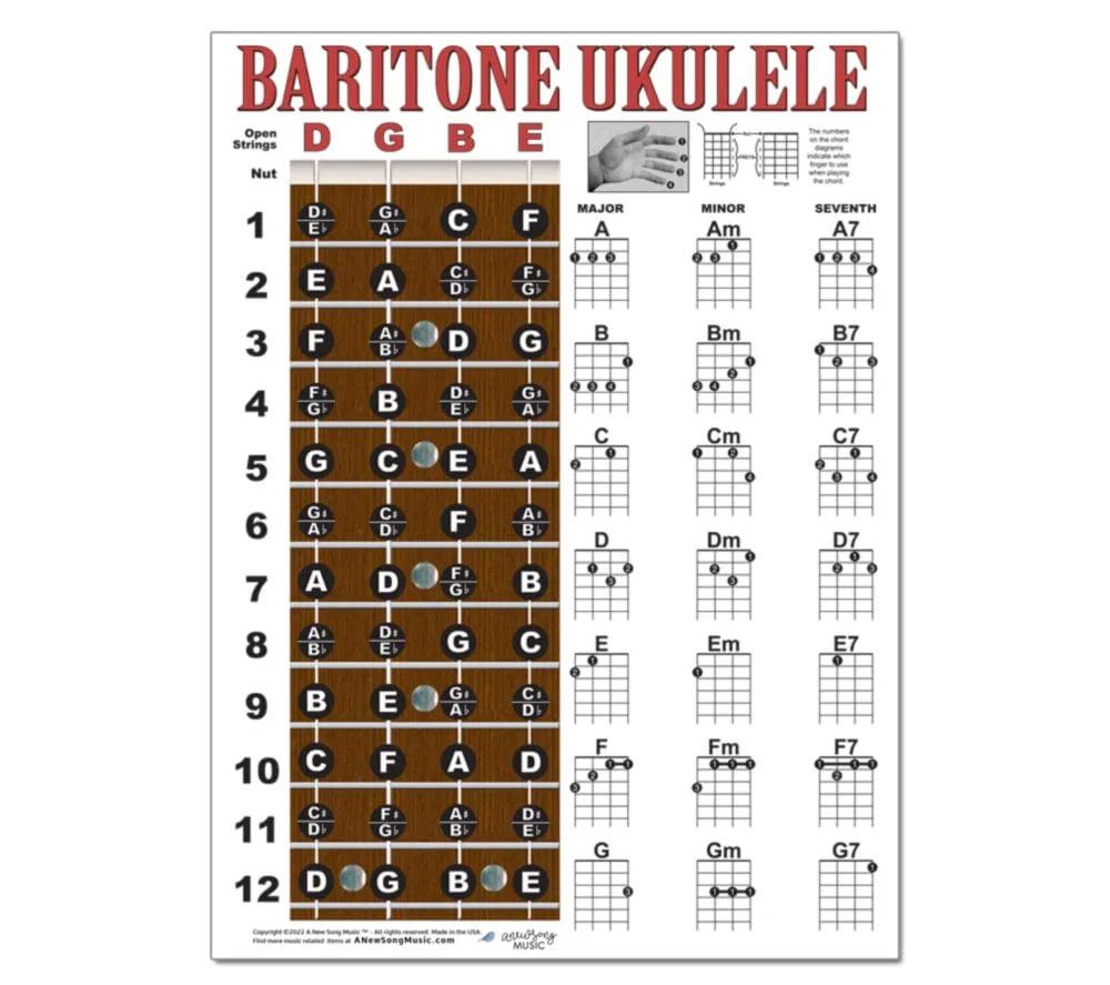 Laminated Baritone Ukulele Fretboard & Chord Chart Easy Instructional Poster Bari Uke Notebook 8.5"x11" | A New Song Music - Image 3