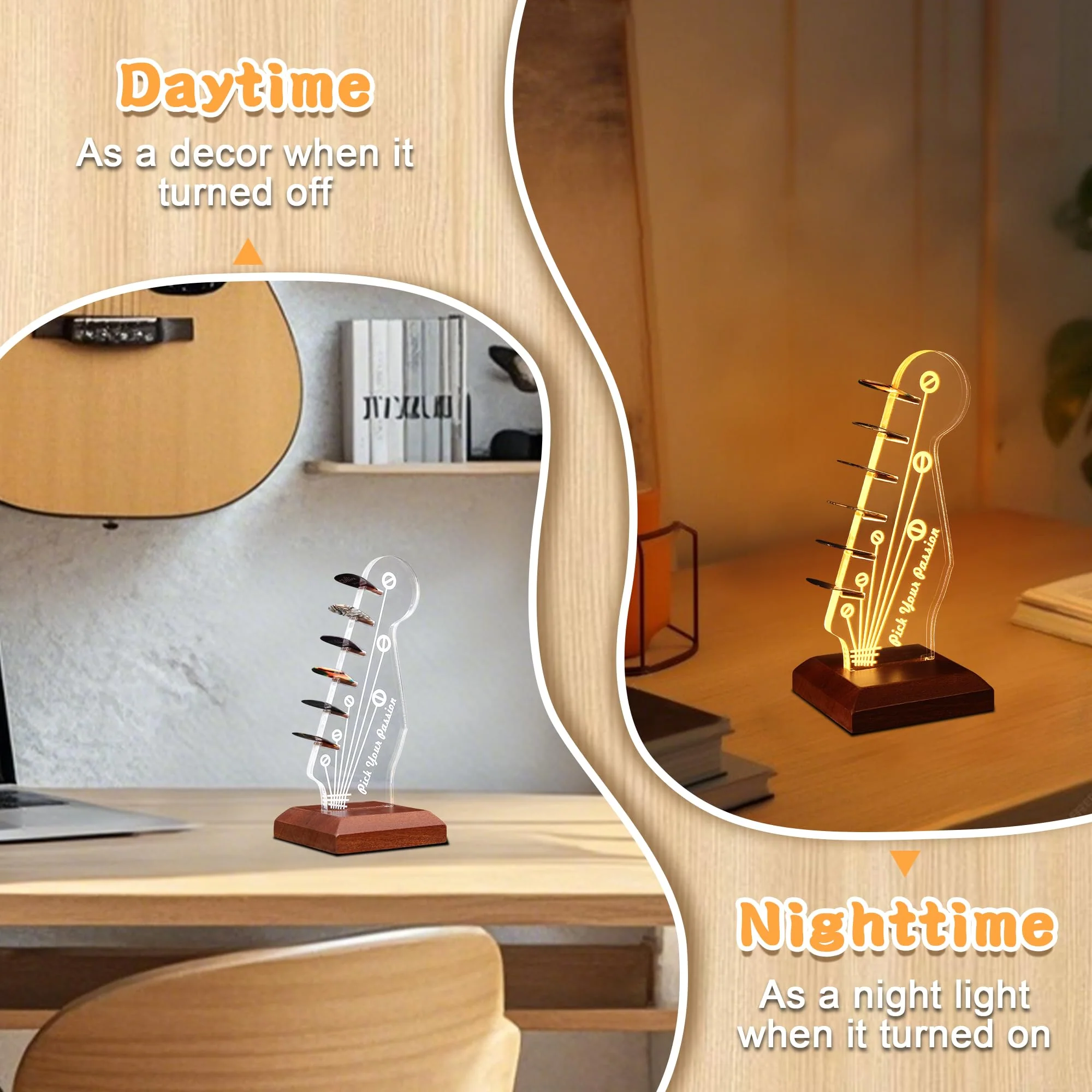 Lampeez Light Up Guitar Pick Holder, Acrylic Wood Desktop Pick Holder with Picks Display, Guitar Accessories Gifts for Players Enthusiasts - Image 3