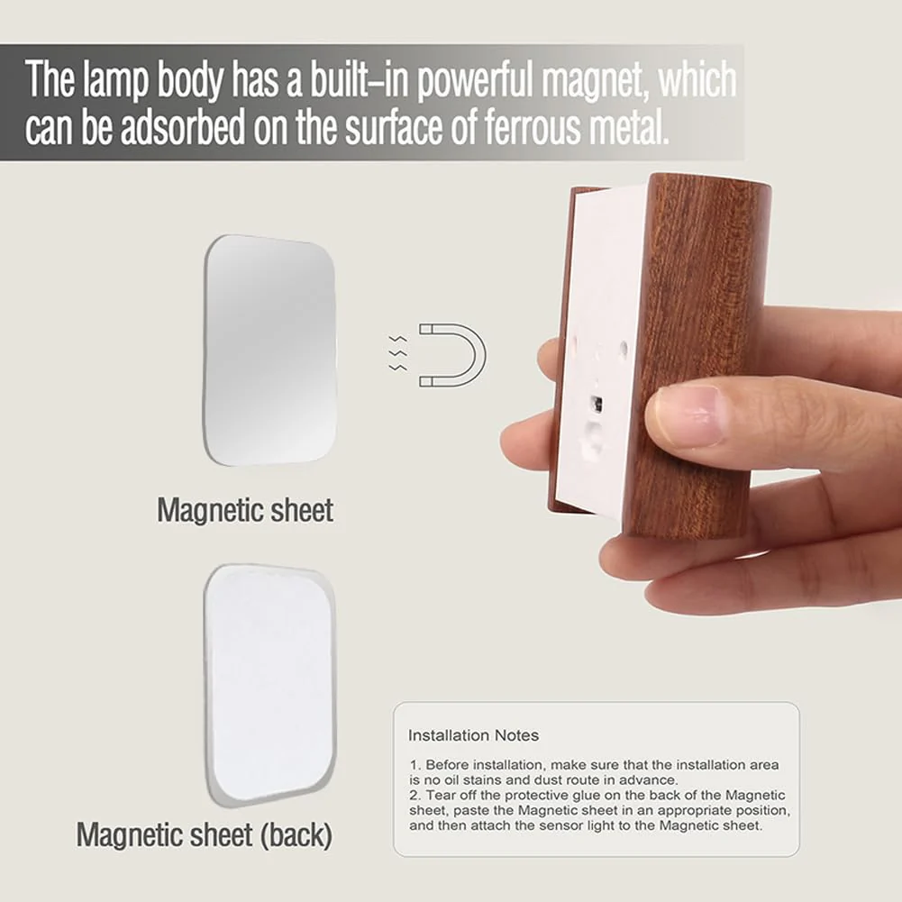 LANDGOO 2-Pack Wood Step Light with Motion Sensor, Rechargeable Stair Night Light Set, Sapele Wood 2700K Warm White LED Wall Lamps, Easy No-Wire Installation for Hallway Bedroom Staircase Walnut Wood 2ps - Image 4