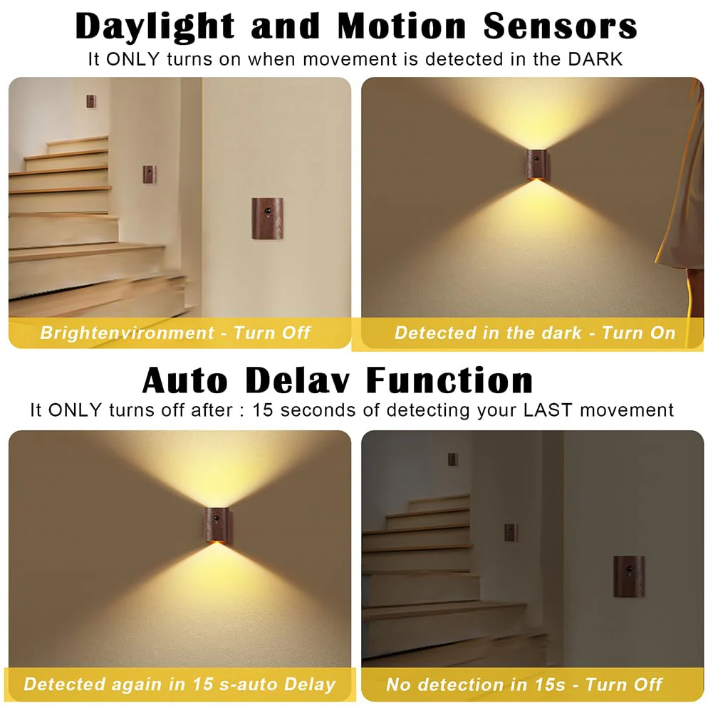 LANDGOO 2-Pack Wood Step Light with Motion Sensor, Rechargeable Stair Night Light Set, Sapele Wood 2700K Warm White LED Wall Lamps, Easy No-Wire Installation for Hallway Bedroom Staircase Walnut Wood 2ps - Image 5