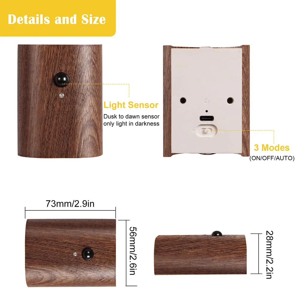 LANDGOO 2-Pack Wood Step Light with Motion Sensor, Rechargeable Stair Night Light Set, Sapele Wood 2700K Warm White LED Wall Lamps, Easy No-Wire Installation for Hallway Bedroom Staircase Walnut Wood 2ps - Image 7