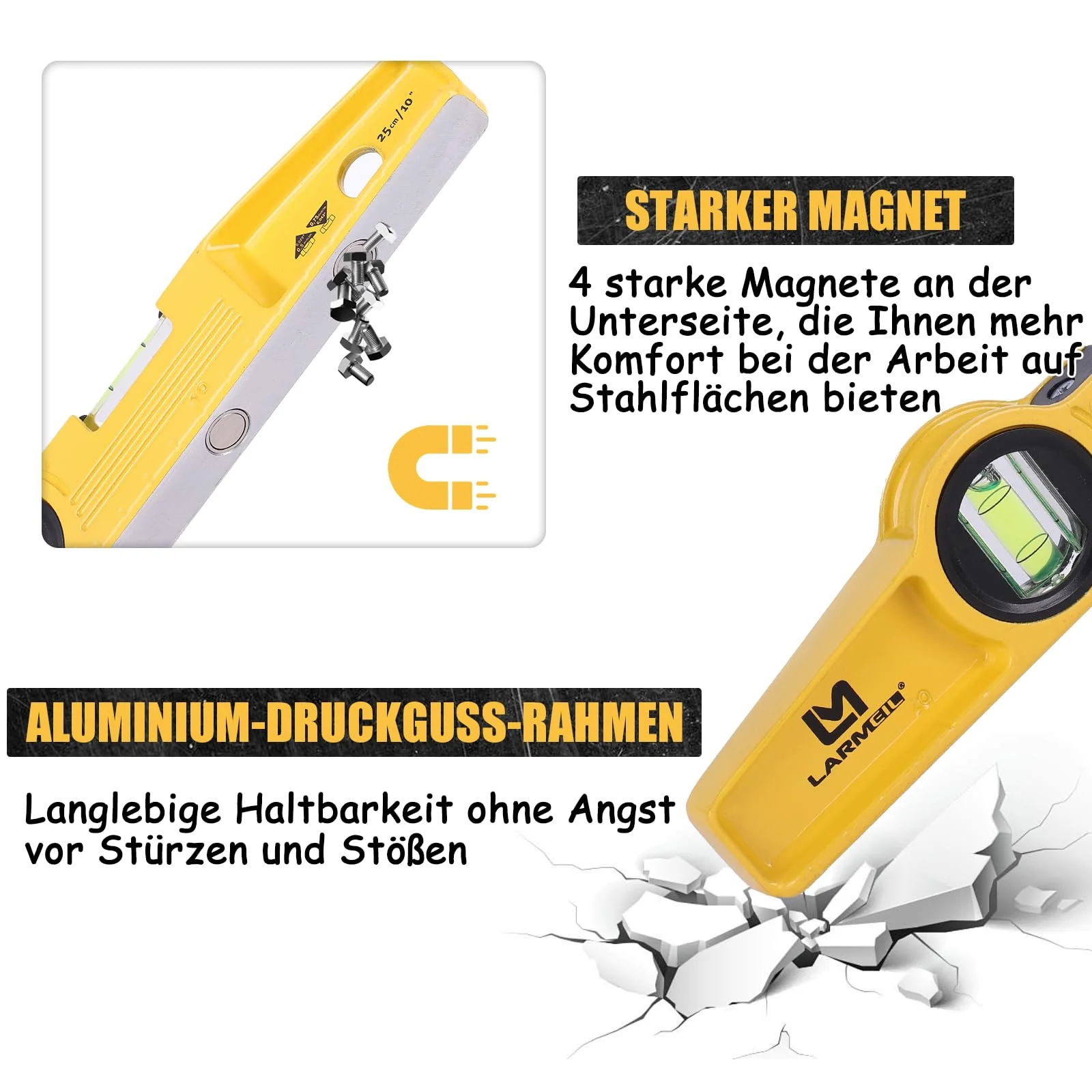 LARMEIL Magnetic Torpedo Spirit Level 25 cm Aluminium Cast Profile 4 Magnets Small Spirit Level 1 Horizontal Level 1 Vertical Level - Image 6