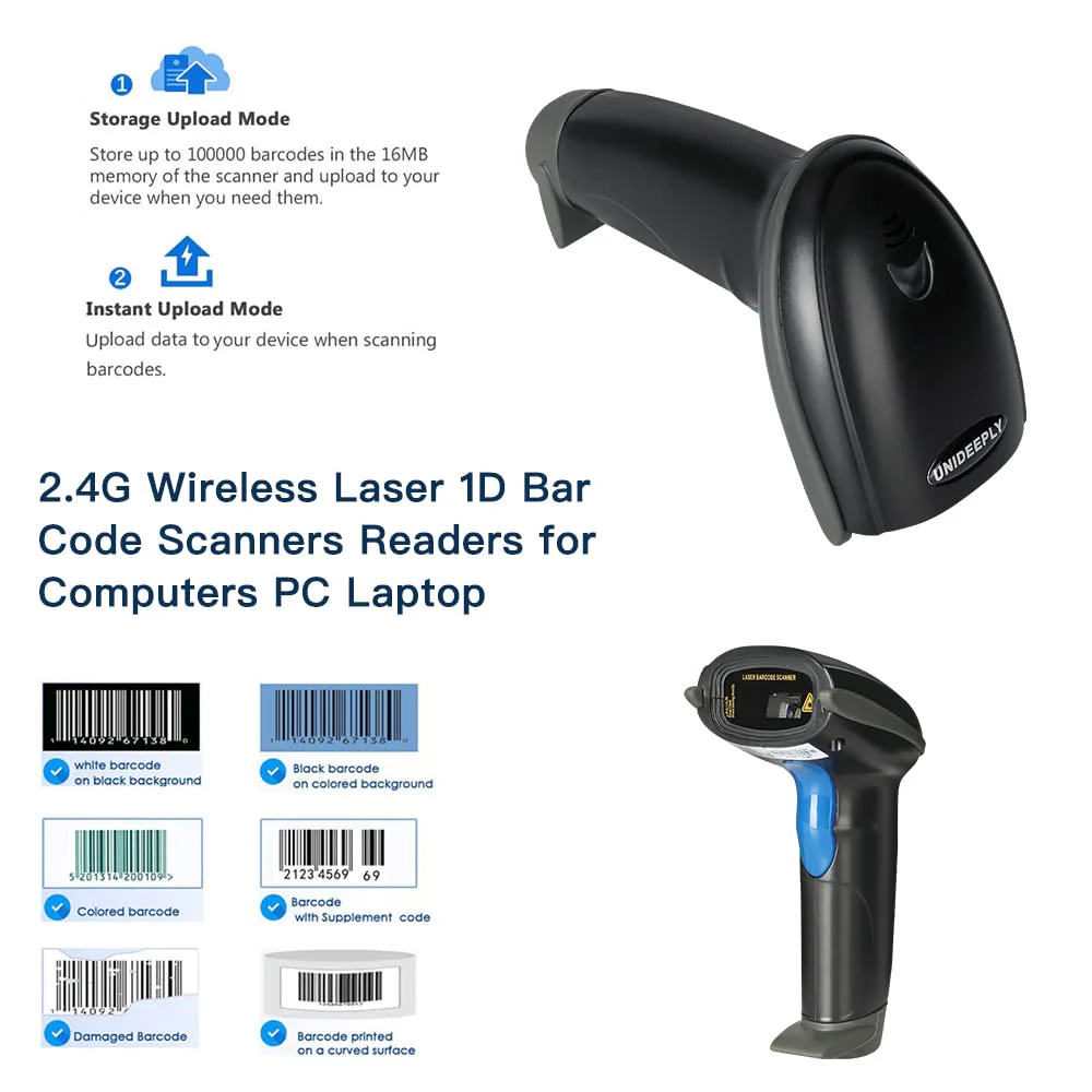 Laser 2.4G Wireless 1D Bar Code Scanners Readers for Computers PC Laptop, UNIDEEPLY Barcode Handheld, Hand Scanning Label UPC EAN Reader Gun Cordless Retails, Black - Image 4