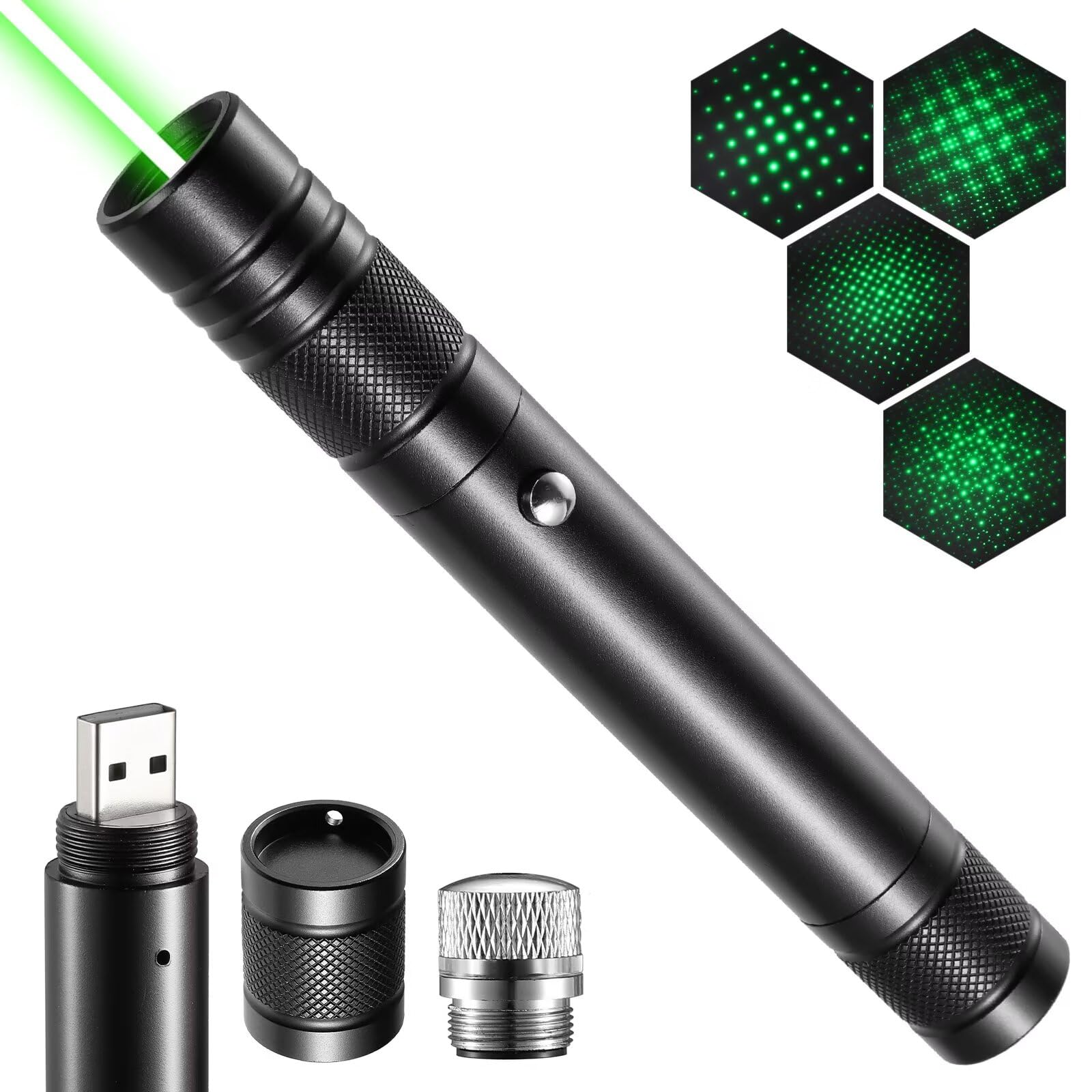 Laser Pointer High Power Rechargeable Lazer Pointer, Laser Pen with Long Range Adjustable Focus with Star Cap, Laser Pointer Pen Suitable for Outdoor, Astronomy, Cats Dogs (Green)