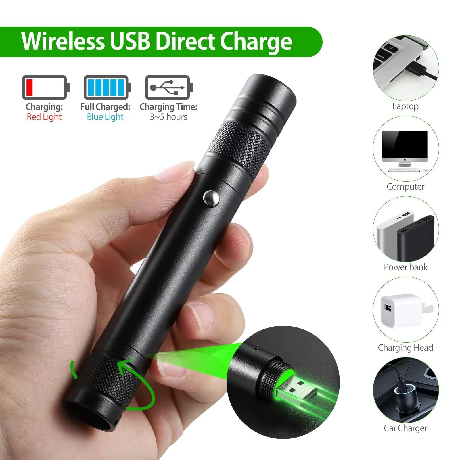 Laser Pointer High Power Rechargeable Lazer Pointer, Laser Pen with Long Range Adjustable Focus with Star Cap, Laser Pointer Pen Suitable for Outdoor, Astronomy, Cats Dogs (Green) - Image 7