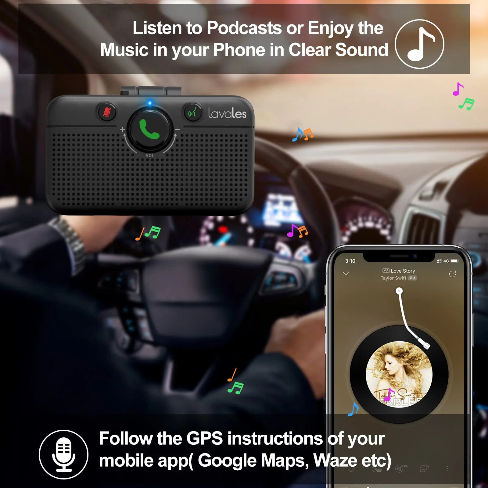 Lavales Car Bluetooth 5.3 Speaker, Handsfree Bluetooth Car kit for Cell Phone, Support Siri Google Voice Assistant/Motion AUTO ON, Car Phone Speakerphone with Visor Clip - Image 4