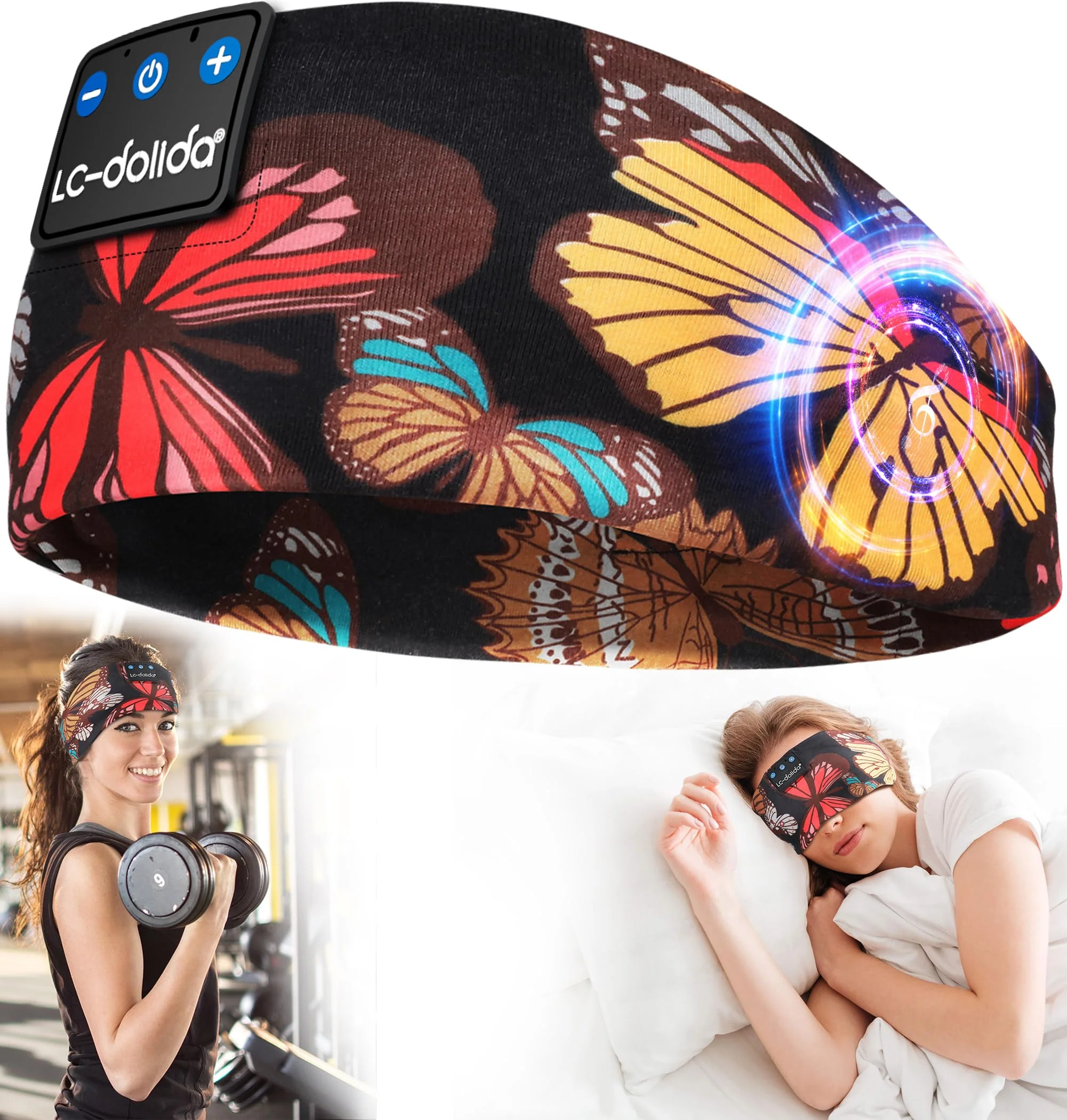 LC-dolida Sleep Headphones Headband Bluetooth 5.4, Headband Earphones Wireless with USB C Charge Port, Sleep Mask for Sleeping, Sports, Gifts, Workout, Jogging, Yoga, Insomnia, Air Travel, Meditation Artistic Butterfly
