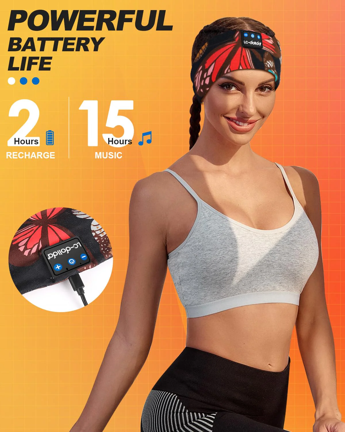 LC-dolida Sleep Headphones Headband Bluetooth 5.4, Headband Earphones Wireless with USB C Charge Port, Sleep Mask for Sleeping, Sports, Gifts, Workout, Jogging, Yoga, Insomnia, Air Travel, Meditation Artistic Butterfly - Image 6