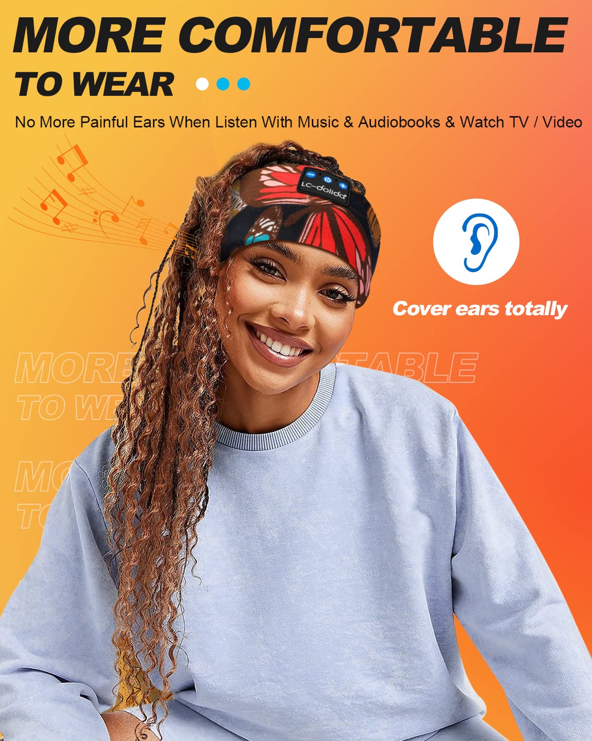LC-dolida Sleep Headphones Headband Bluetooth 5.4, Headband Earphones Wireless with USB C Charge Port, Sleep Mask for Sleeping, Sports, Gifts, Workout, Jogging, Yoga, Insomnia, Air Travel, Meditation Artistic Butterfly - Image 7