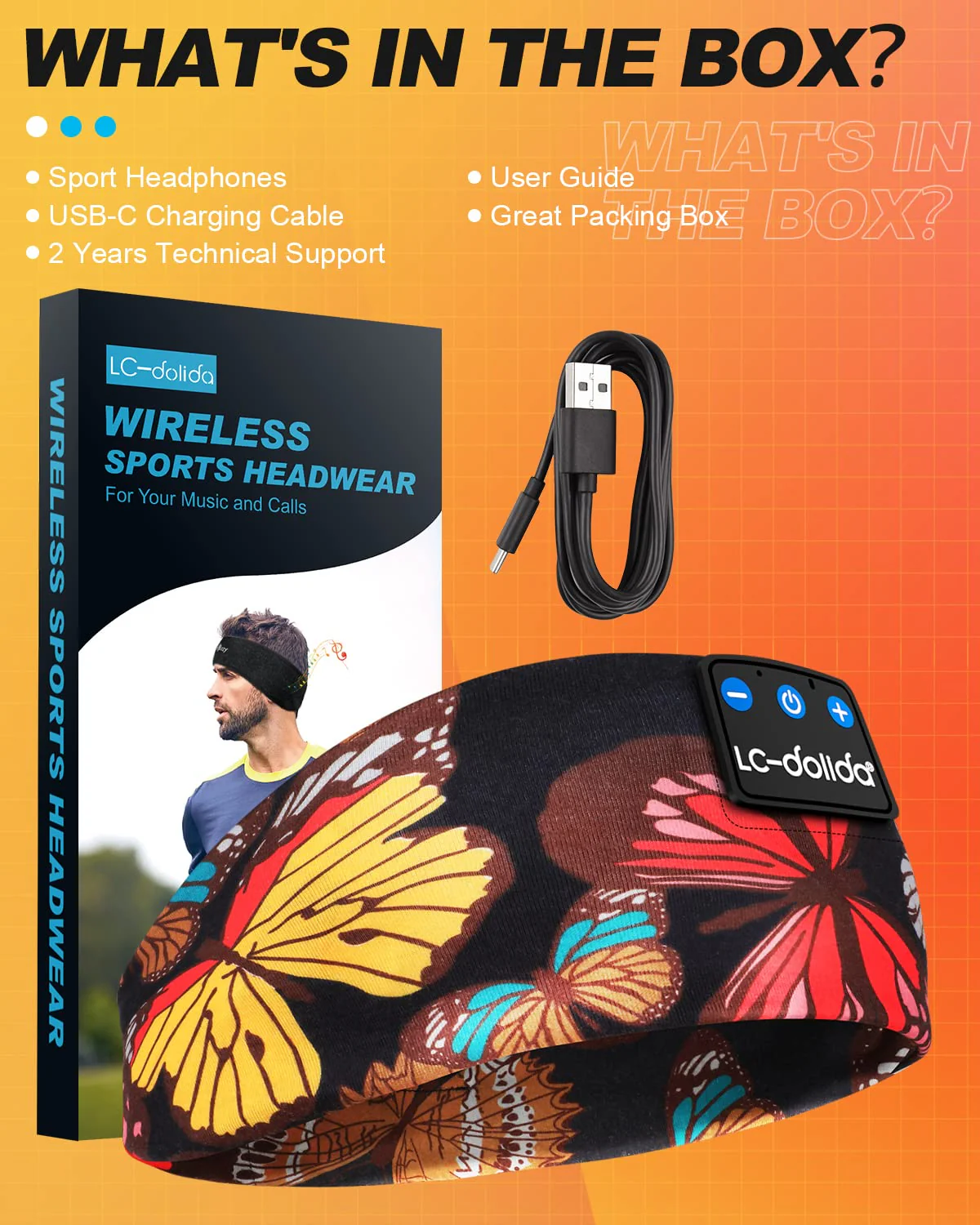 LC-dolida Sleep Headphones Headband Bluetooth 5.4, Headband Earphones Wireless with USB C Charge Port, Sleep Mask for Sleeping, Sports, Gifts, Workout, Jogging, Yoga, Insomnia, Air Travel, Meditation Artistic Butterfly - Image 8