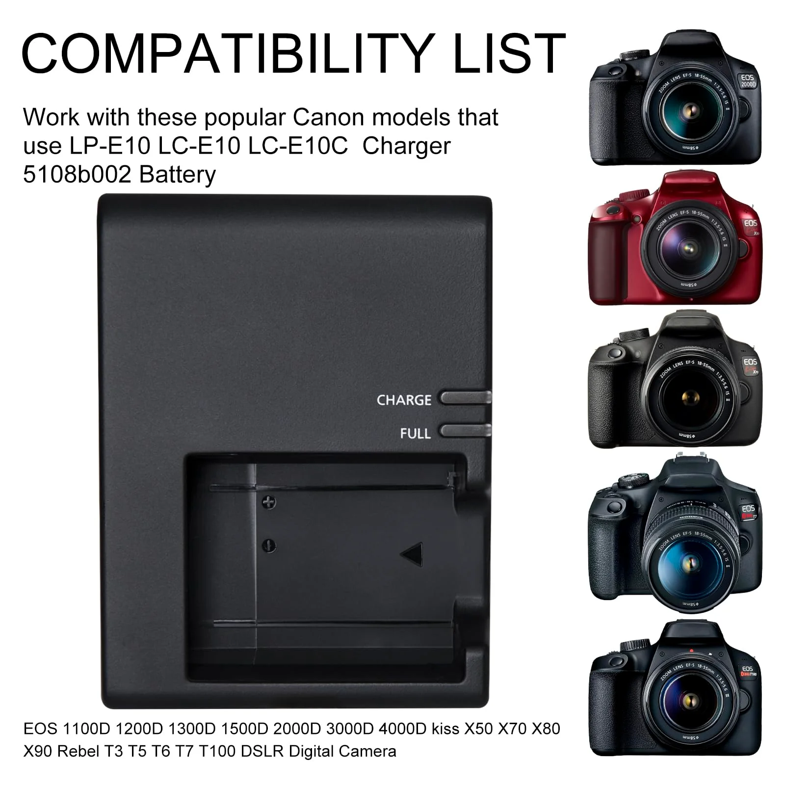 LC-E10E Quick Charger for Canon: LP-E10 LC-E10 LC-E10C Compatible Battery EOS 1100D 1200D 1300D 1500D 2000D 3000D 4000D kiss X50 X70 X80 X90 Rebel T3 T5 T6 T7 T100 DSLR Digital Camera (Black) - Image 4