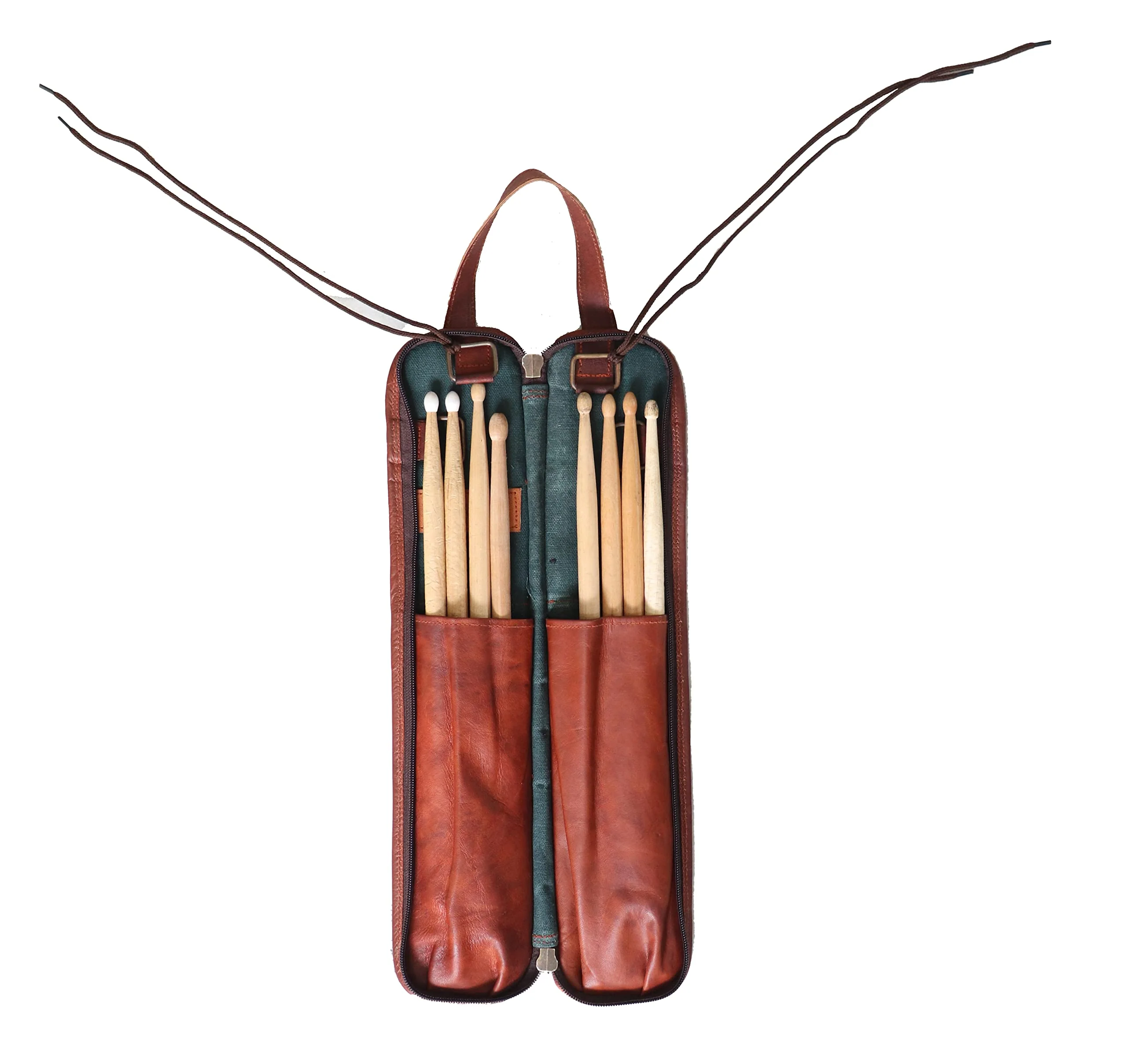 Leather Drumstick Bag Floor Tom Hooks Holds 4-5 Pairs Drum Sticks Mallets Brushes Percussion Drum Stick Bag Easy Carry Handles Drummer Gift (Brown) – DSB007 - Image 5