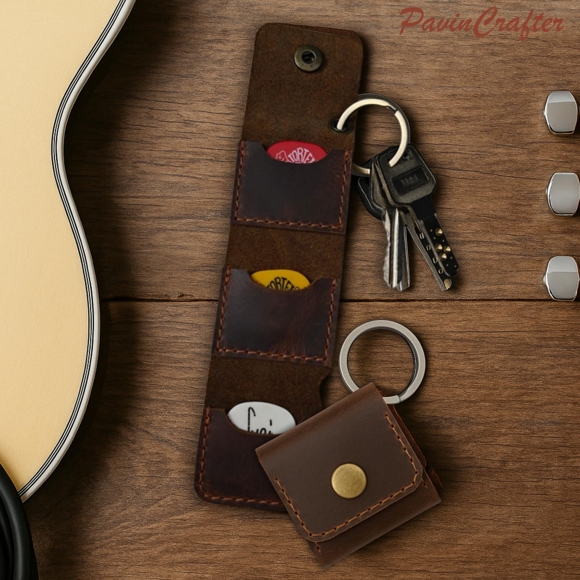 Leather Guitar Pick Holder Case – Handmade Brown Guitar Pick Sleeve, Keychain Pick Bag, Gift for Guitarist, Pick Organizer Pouch (Brown) - Image 3