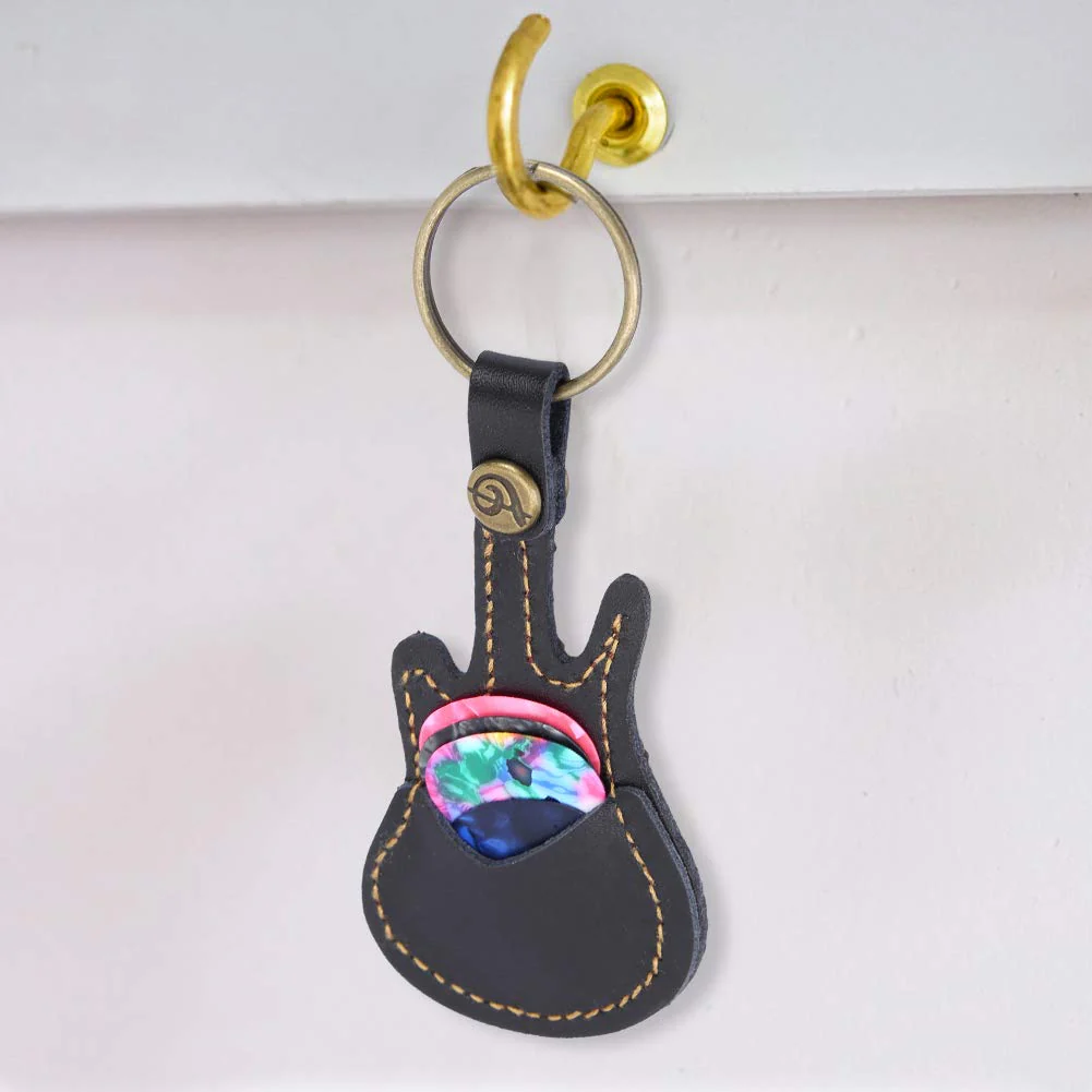 Leather Guitar Picks Case Guitar Pick Holder Guitar Plectrums Bag Guitar Pick Keychain Holder Guitar Pick Storage Bag Brass Guitar Pick Accessories with 5PCS Guitar Picks (Black) Black - Image 4