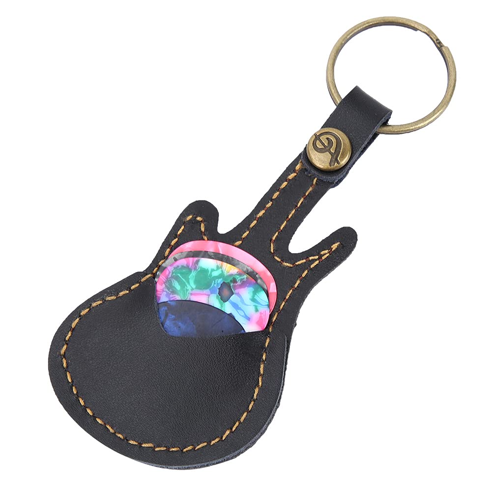Leather Guitar Picks Case Guitar Pick Holder Guitar Plectrums Bag Guitar Pick Keychain Holder Guitar Pick Storage Bag Brass Guitar Pick Accessories with 5PCS Guitar Picks (Black) Black - Image 6