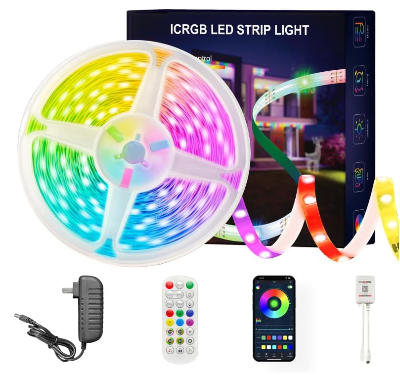 Led Lights for Bedroom 100FT Smart IC+RGB, Music Sync Color Changing Strip Lights, 24Key Remote+App Control Light Strip for BedHead,Underbed,Ceiling,Background Wall(2Rolls of 50FT)