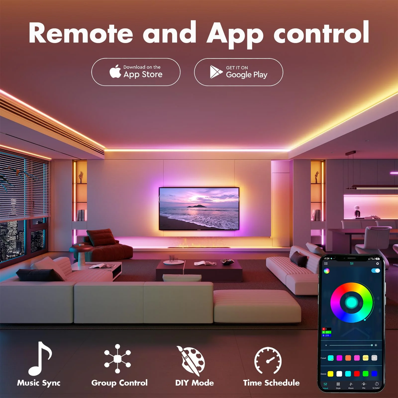 Led Lights for Bedroom 100FT Smart IC+RGB, Music Sync Color Changing Strip Lights, 24Key Remote+App Control Light Strip for BedHead,Underbed,Ceiling,Background Wall(2Rolls of 50FT) - Image 6