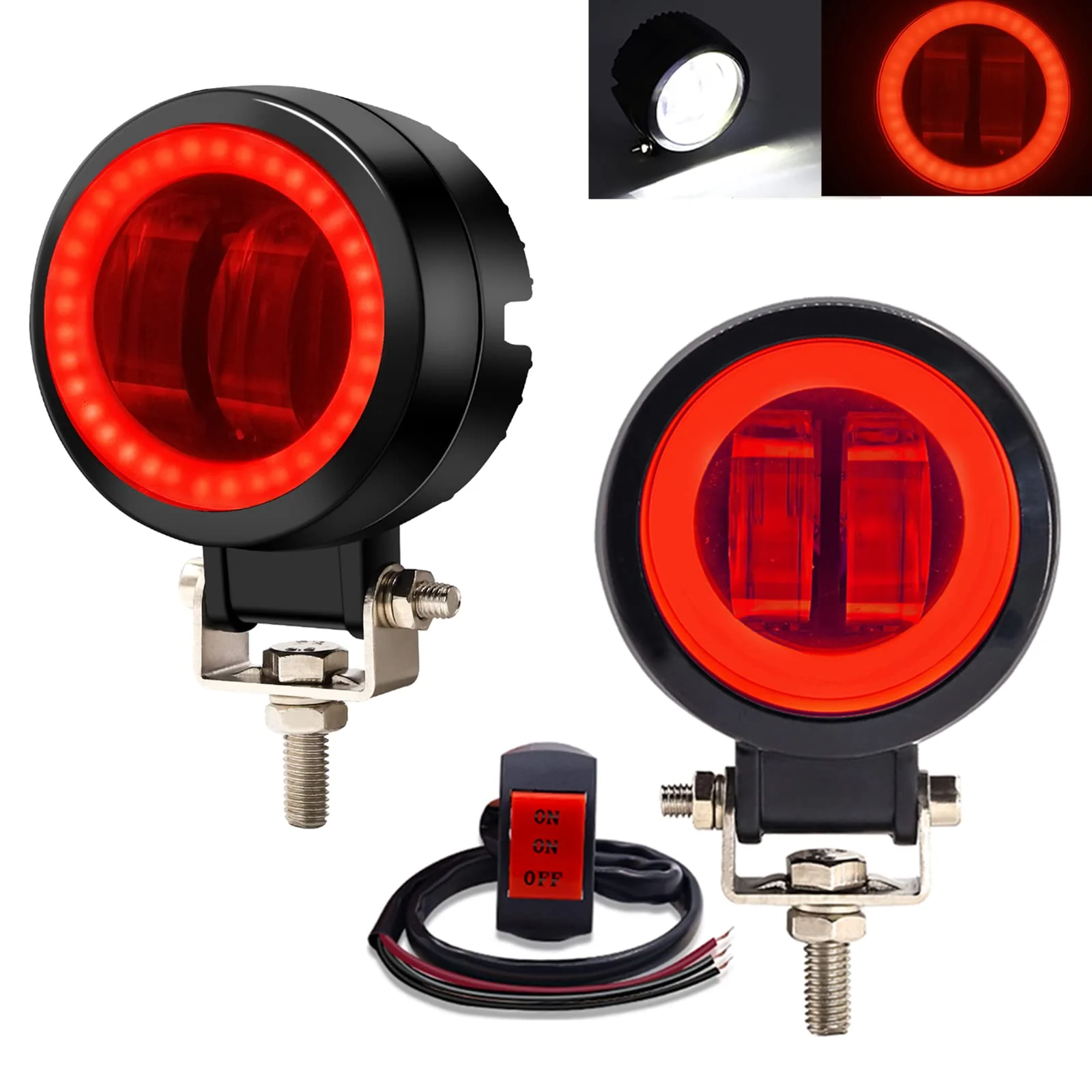 LED Motorcycle Driving Lights, 20W Round LED Daytime Running Light 3-Inch Motorcycle Additional Lights 12V/24V Fog Lamps for 4x4 ATV Tractor Offroad Motorbike, Red (Include Switch)