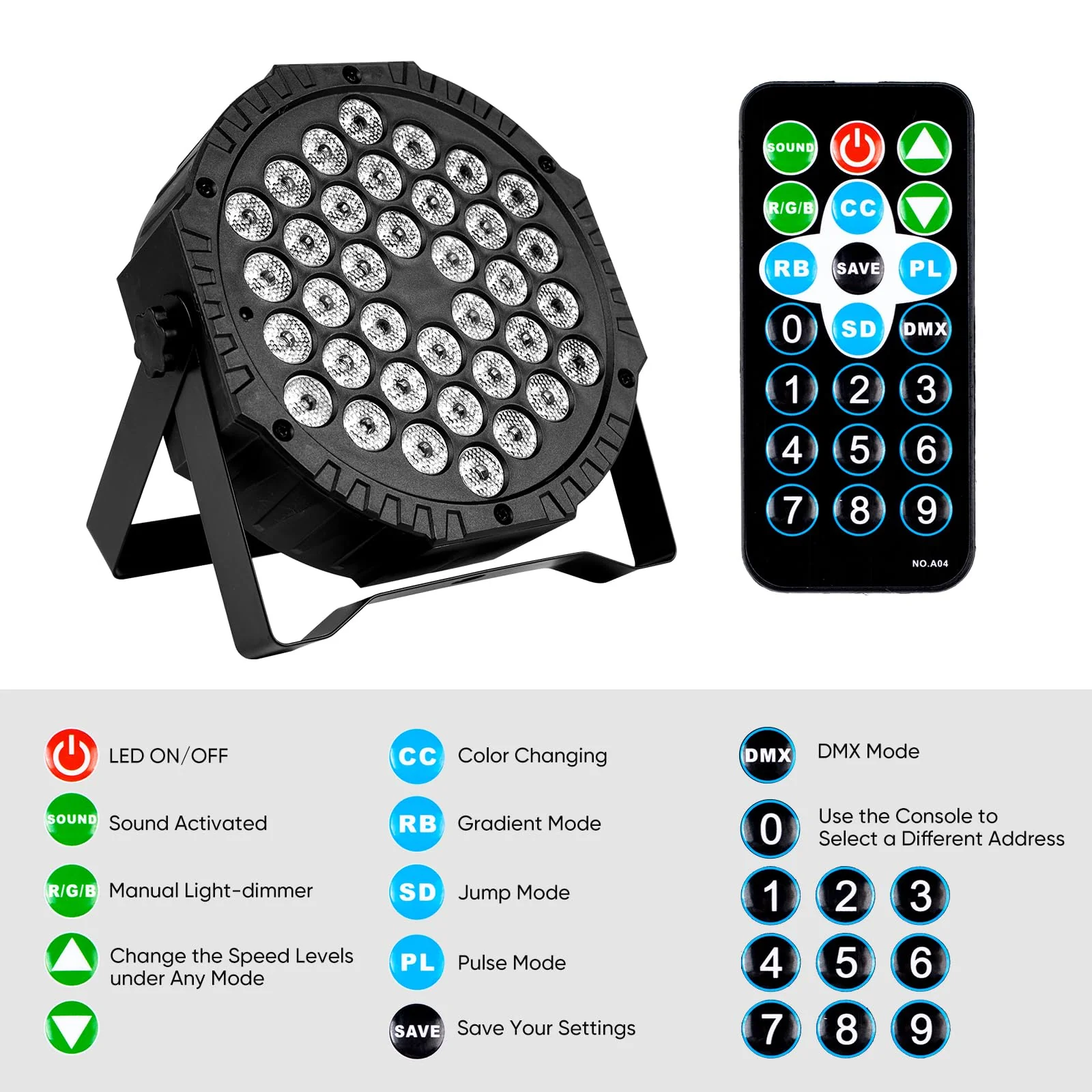 LED Stage DJ Par Lights: RGB 36 LED Uplights with Sound Activated Remote Control - Strobe Light for Parties Events Church Bar Wedding Dance Club DMX Lighting 1 Pack 1 PCS - Image 6