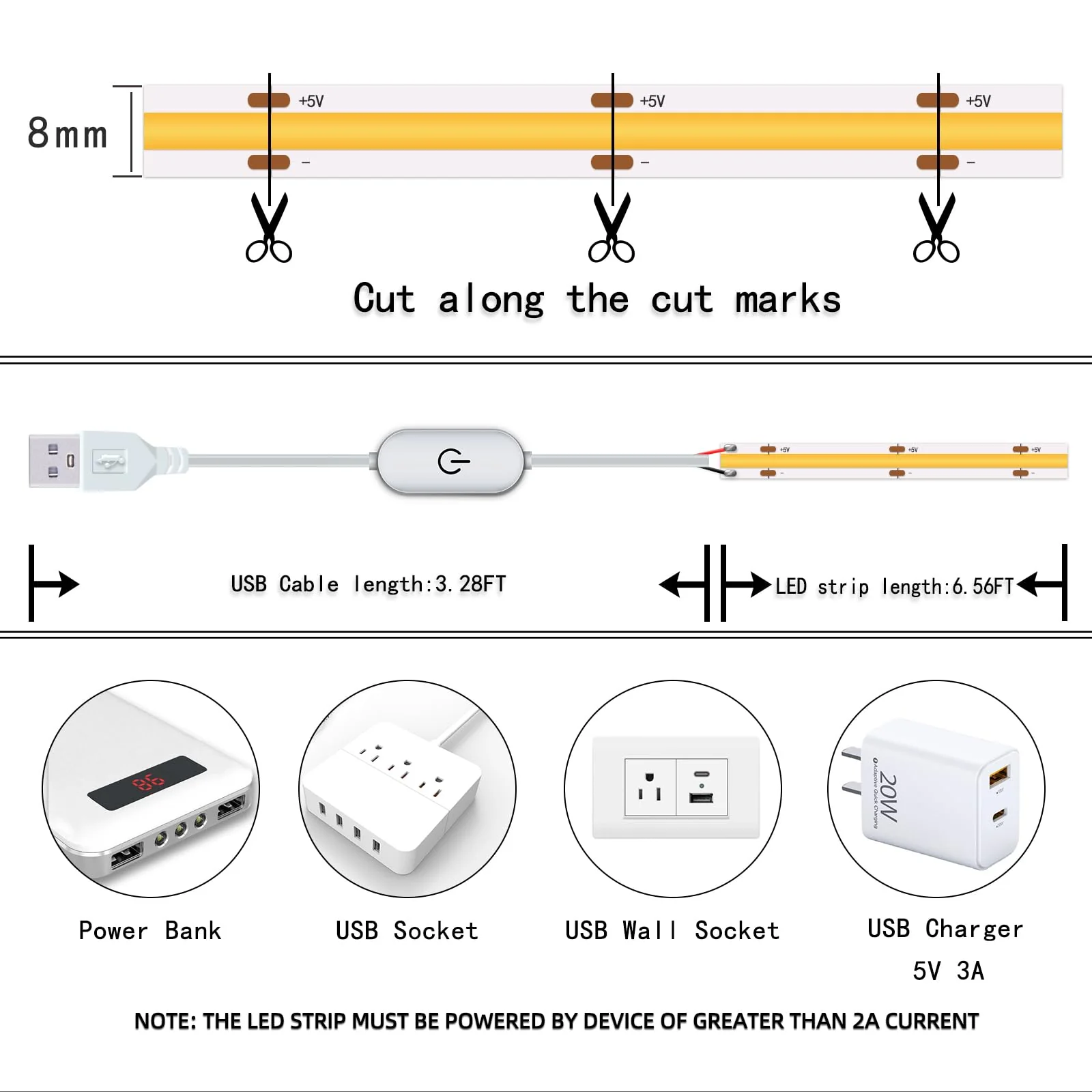 Led Strip Lights 5V USB 6.56ft/2m 640 LEDs Touch stepless Dimmable USB COB LED Strip Light 6500K White 10W Flexible 5v led for Bedroom Kitchen,Room Decor,3D Printing Lighting (3Pack) 6.56FT/6500K White (3Pack) - Image 6