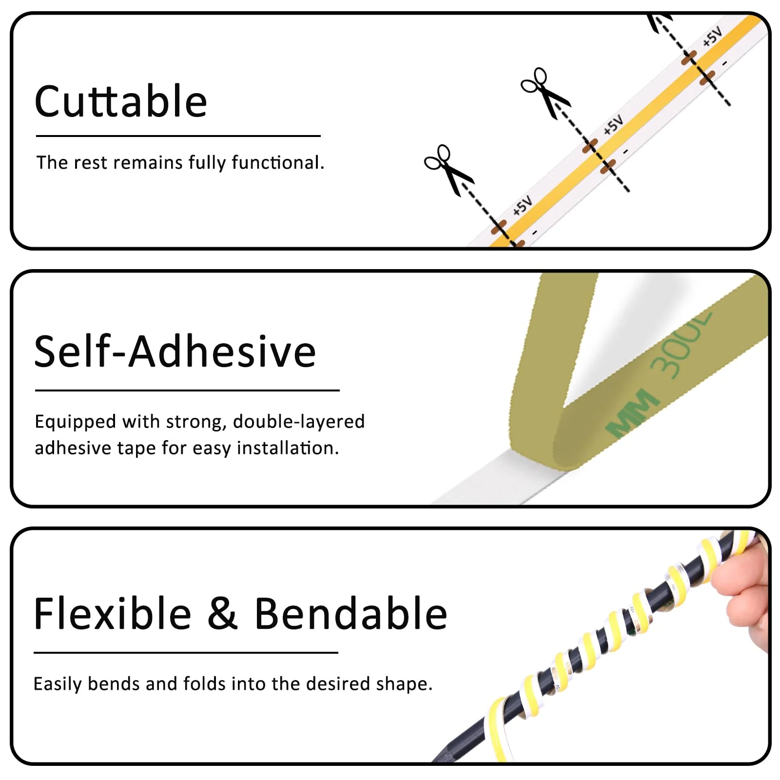 Led Strip Lights 5V USB 6.56ft/2m 640 LEDs Touch stepless Dimmable USB COB LED Strip Light 6500K White 10W Flexible 5v led for Bedroom Kitchen,Room Decor,3D Printing Lighting (3Pack) 6.56FT/6500K White (3Pack) - Image 9