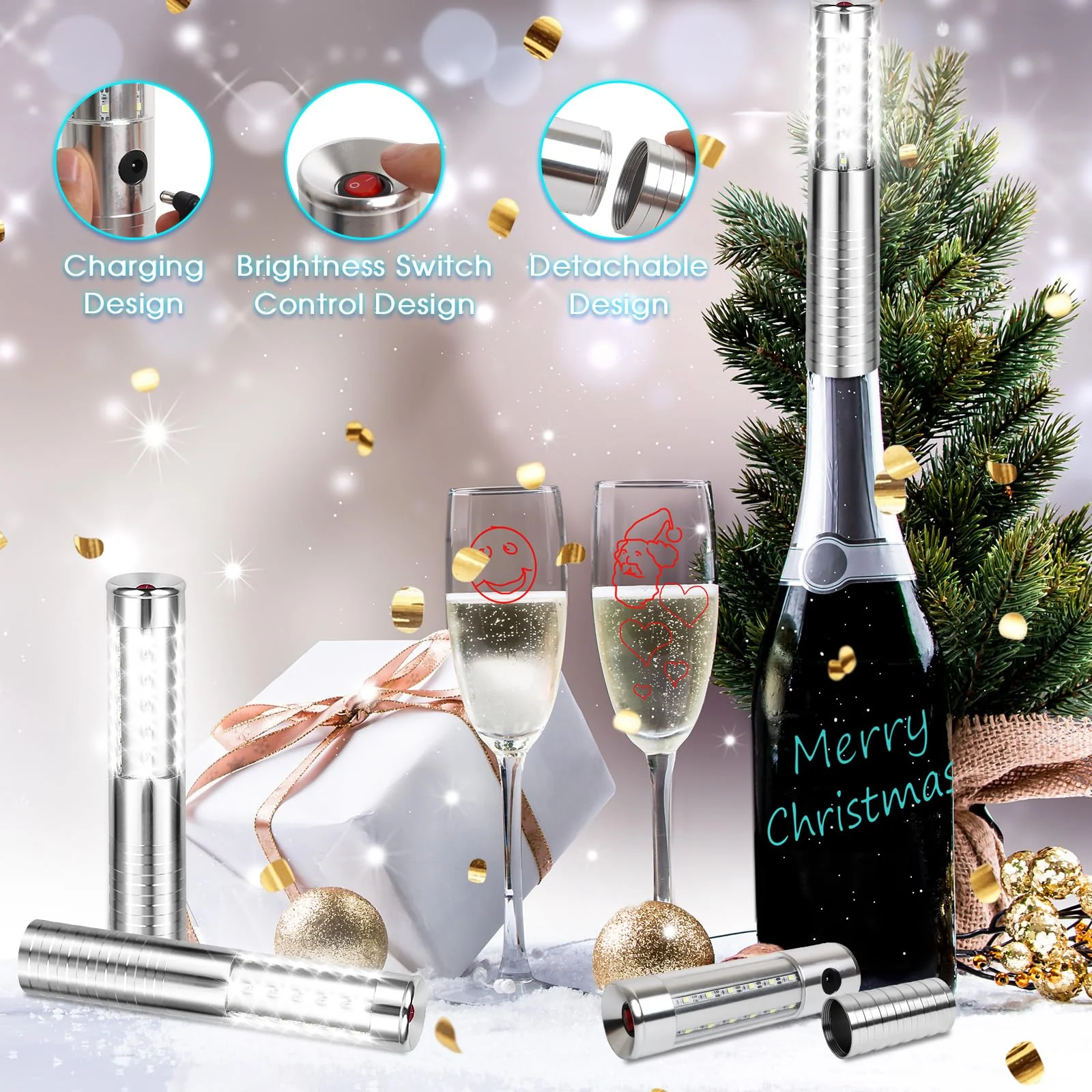 LED Strobe Baton Lights 2 Pieces Bottle Service Light Reusable Handheld Champagne Bottle Lights for Bar Club Birthday Weddings Parties, Silver - Image 4
