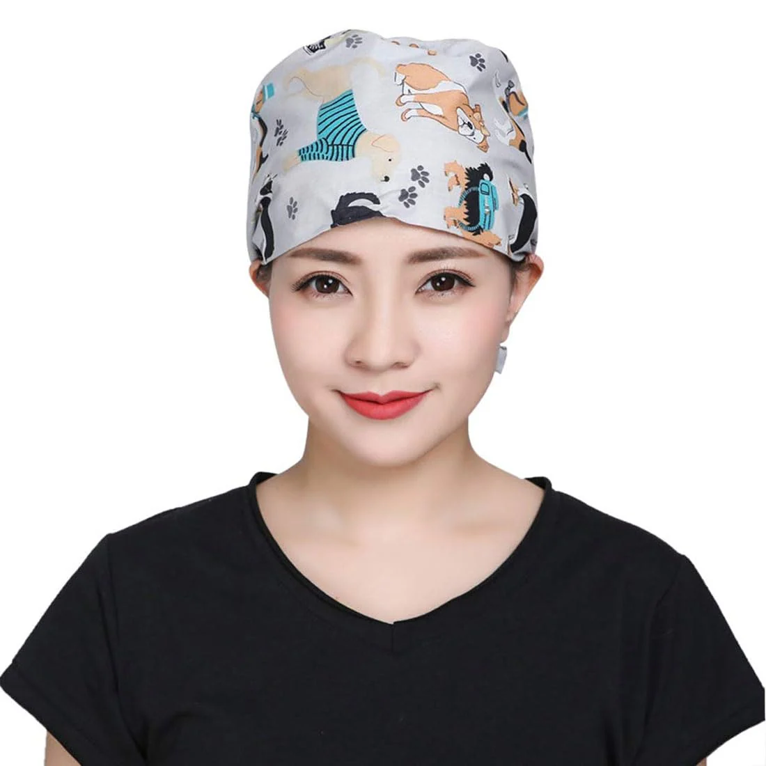 LEEQBCR 1 x Cotton Surgical Hat with Button Chef's Hat Work Hat Printed Nurse Hat Unisex Dust Cap for Men Women (Grey), gray - Image 6