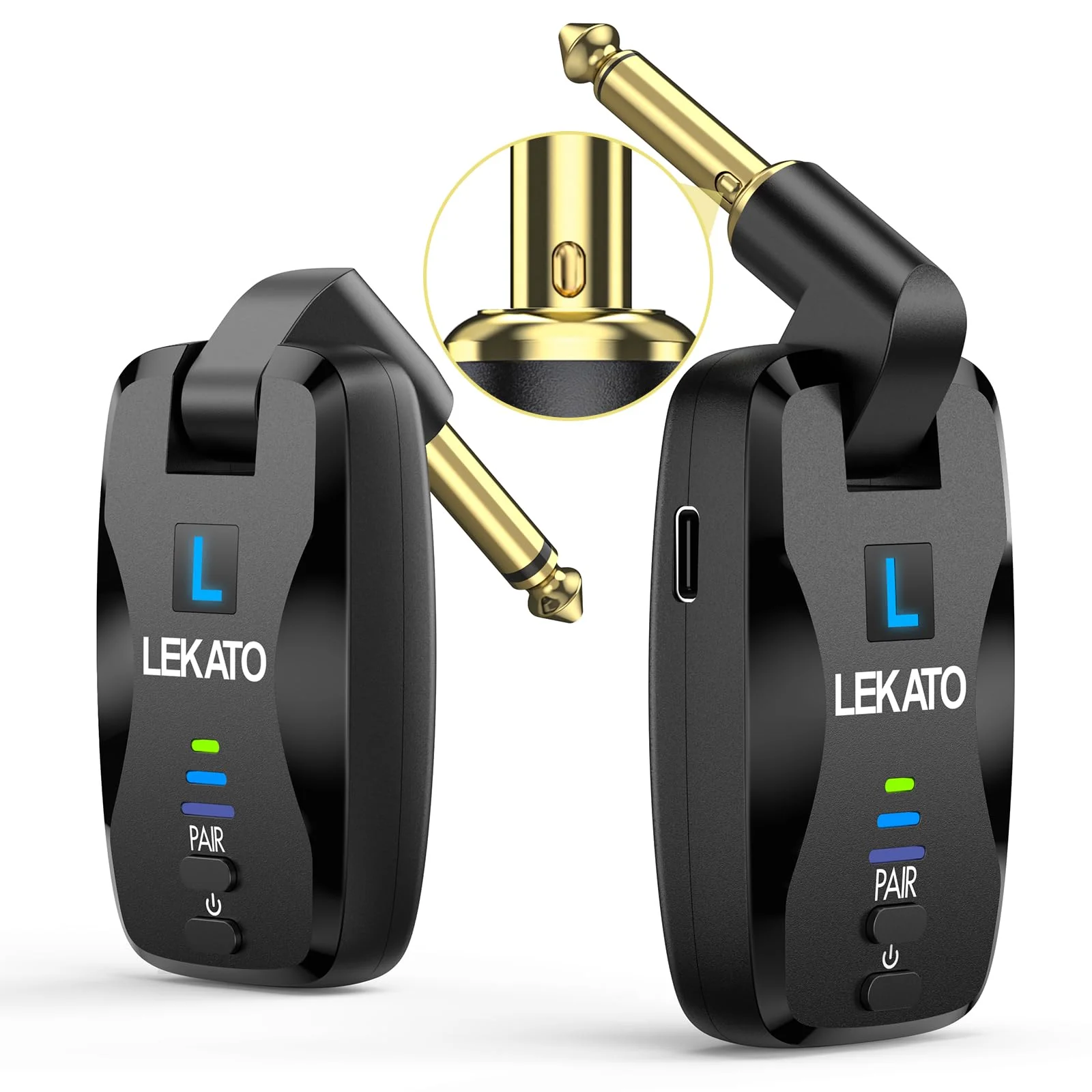 LEKATO 2.4Ghz Wireless Guitar System Exclusive Mute Plug for Electric Guitar Bass, Audio Wireless Guitar Transmitter and Receiver with 18 Channels Rechargeable Guitar Wireless System for Guitar