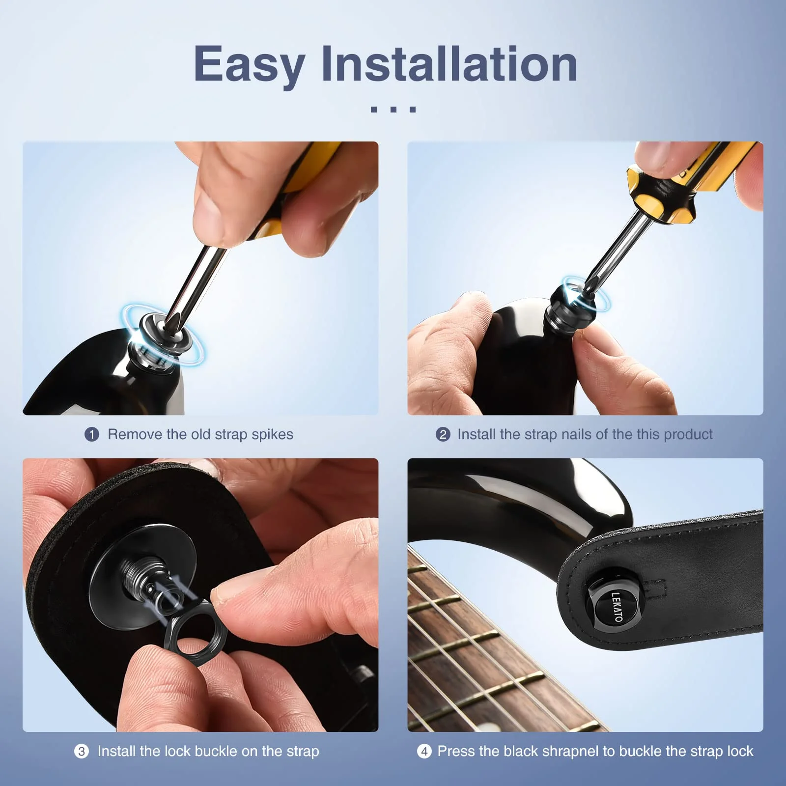LEKATO Bass Guitar Strap Locks for for Electric Guitar & Bass Strap Locks Security Quick Release Strap Guitar Strap Locks Set Retainer System for Electric Acoustic Guitar, Bass, Ukulele Strap (Black) Black - Image 4